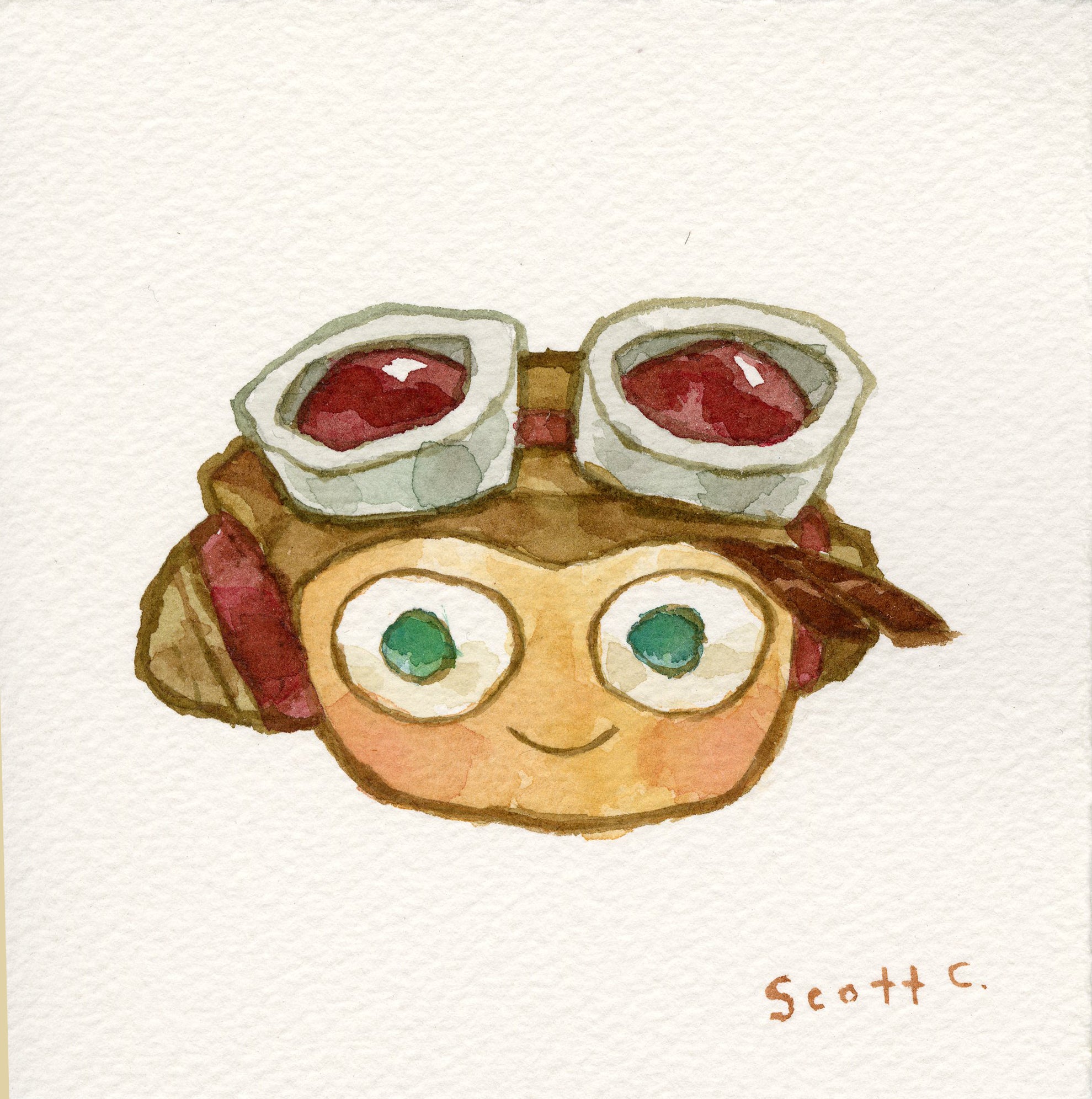 Watercolor illustration of a smiling character with green eyes, brown hair, red earmuffs, and silver goggles. This charming Psychonauts artwork is by Scott C., with his signature in the bottom right corner. Brand: Scott C.