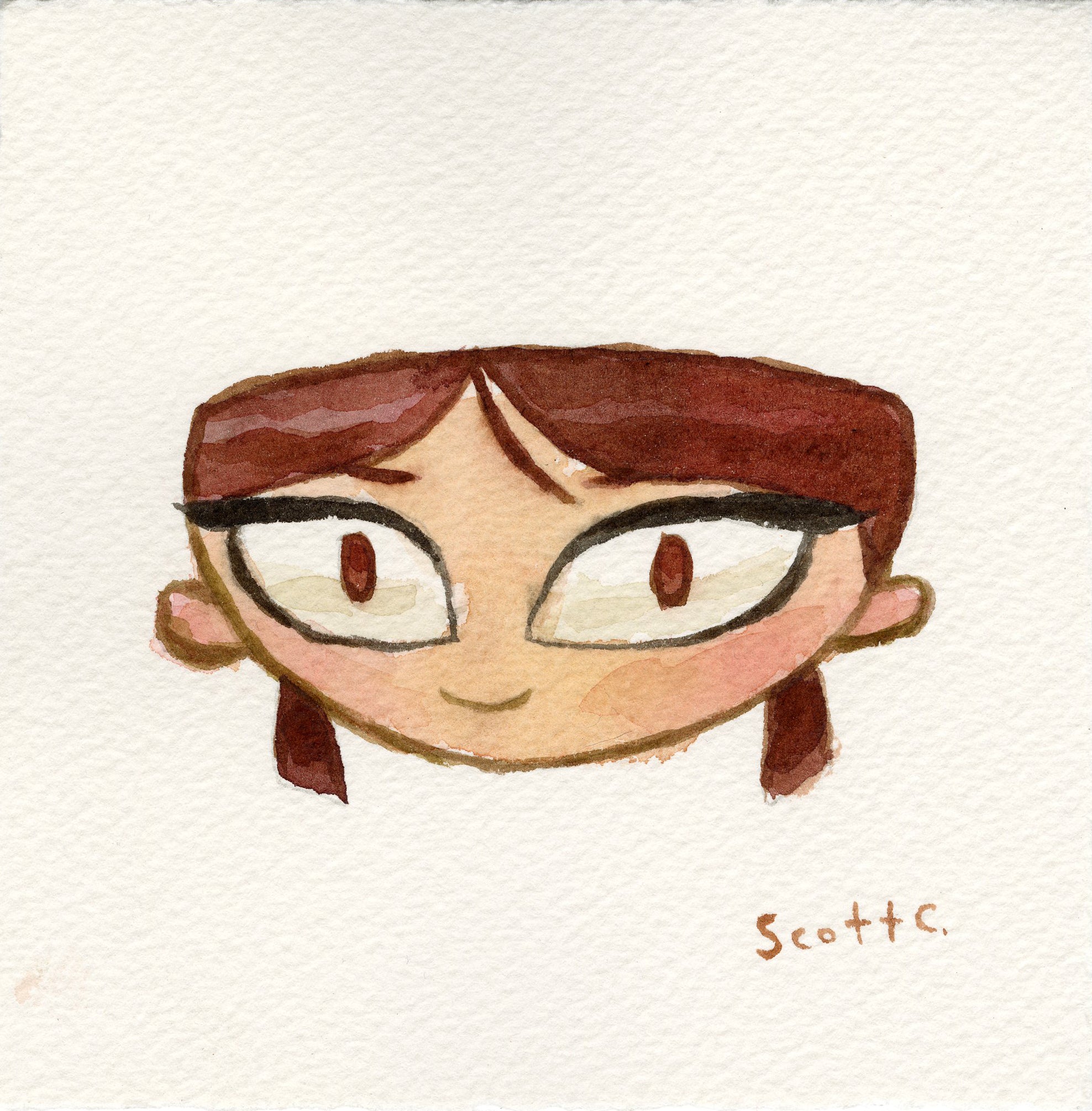 A watercolor painting by Scott C. depicts Lili Zanotto from Psychonauts—a cartoon girl with large eyes, brown hair, and a slight smile on a plain white background, signed by the artist in the bottom right corner.