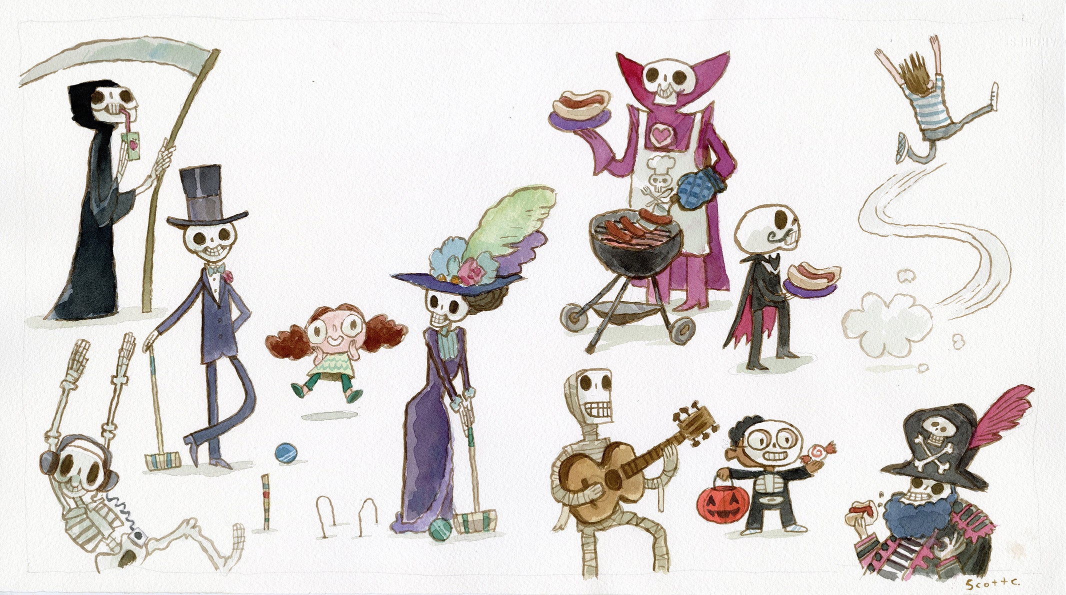 A whimsical watercolor by Scott C.: skeletons with playful skulls in costumes grill hot dogs, play croquet and guitar, trick-or-treat, toss someone in the air—one wears a Grim Reaper robe with scythe.