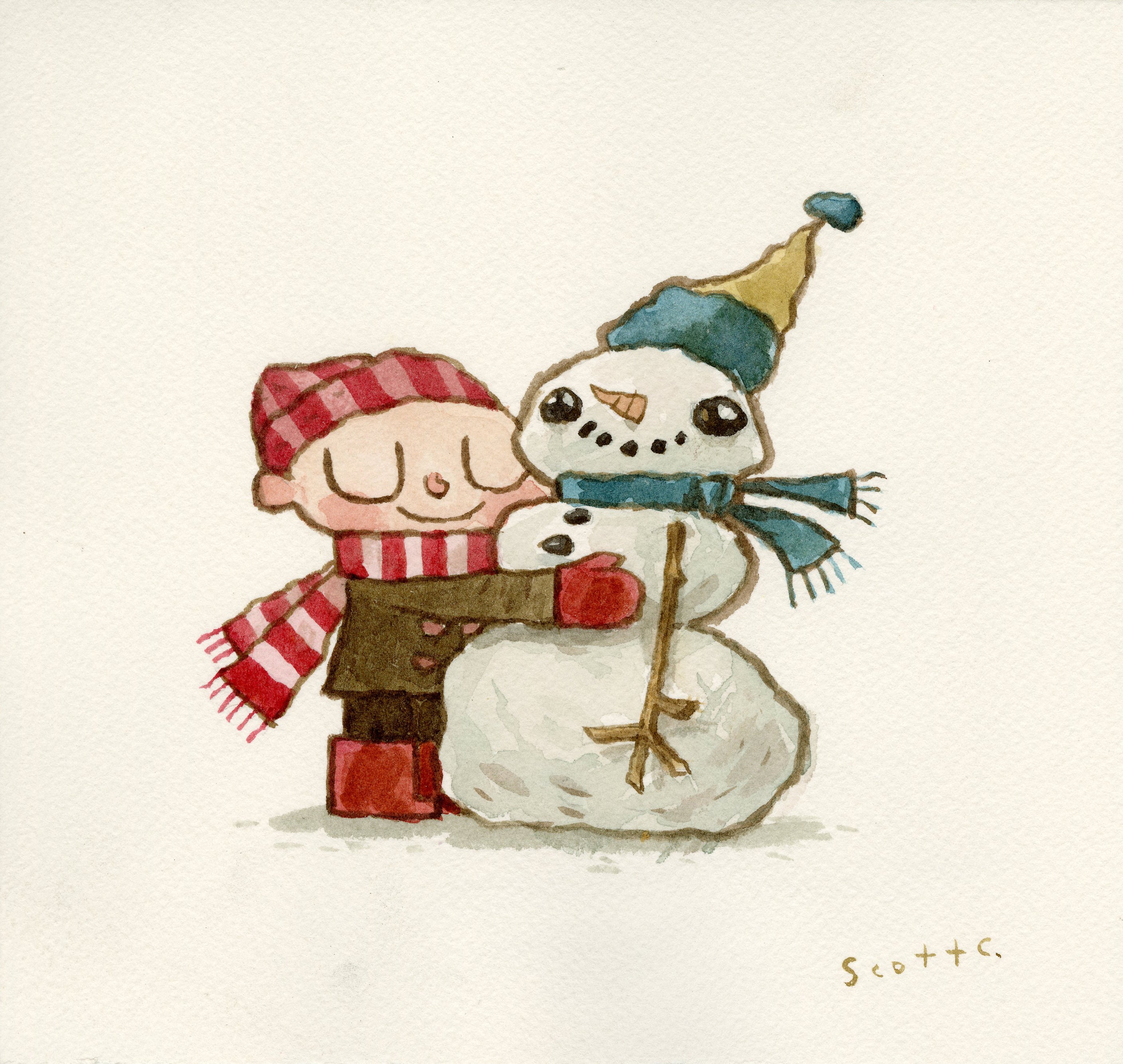 A child in a red hat, scarf, and boots hugs a smiling snowman in a blue scarf and yellow hat in this cozy watercolor illustration by Scott C., radiating happy winter vibes.