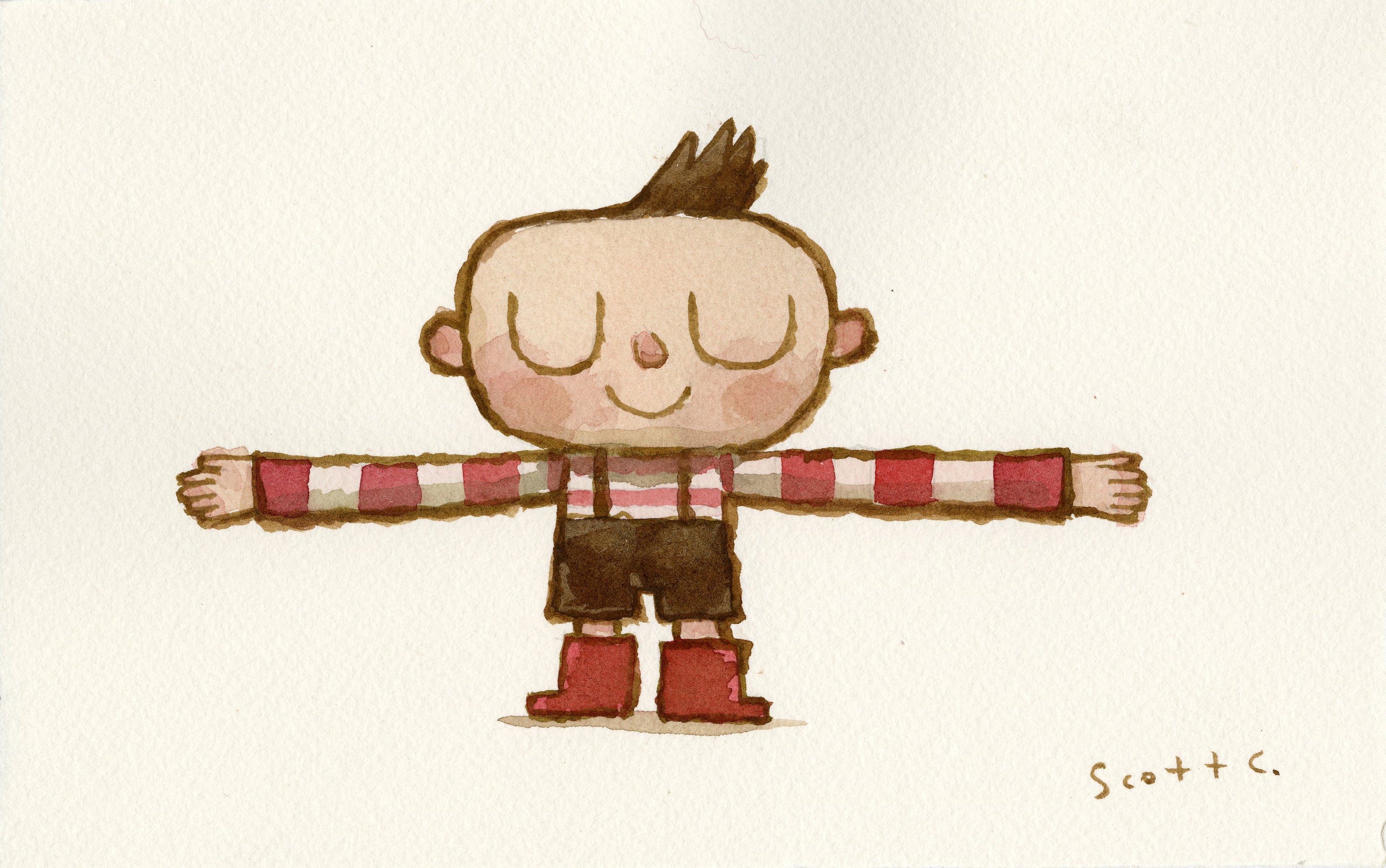 A peaceful watercolor shows a cartoon child with closed eyes, short dark hair, red-and-white striped shirt, black shorts, and red boots standing with arms outstretched. The Scott C. brand name is signed at the bottom right.