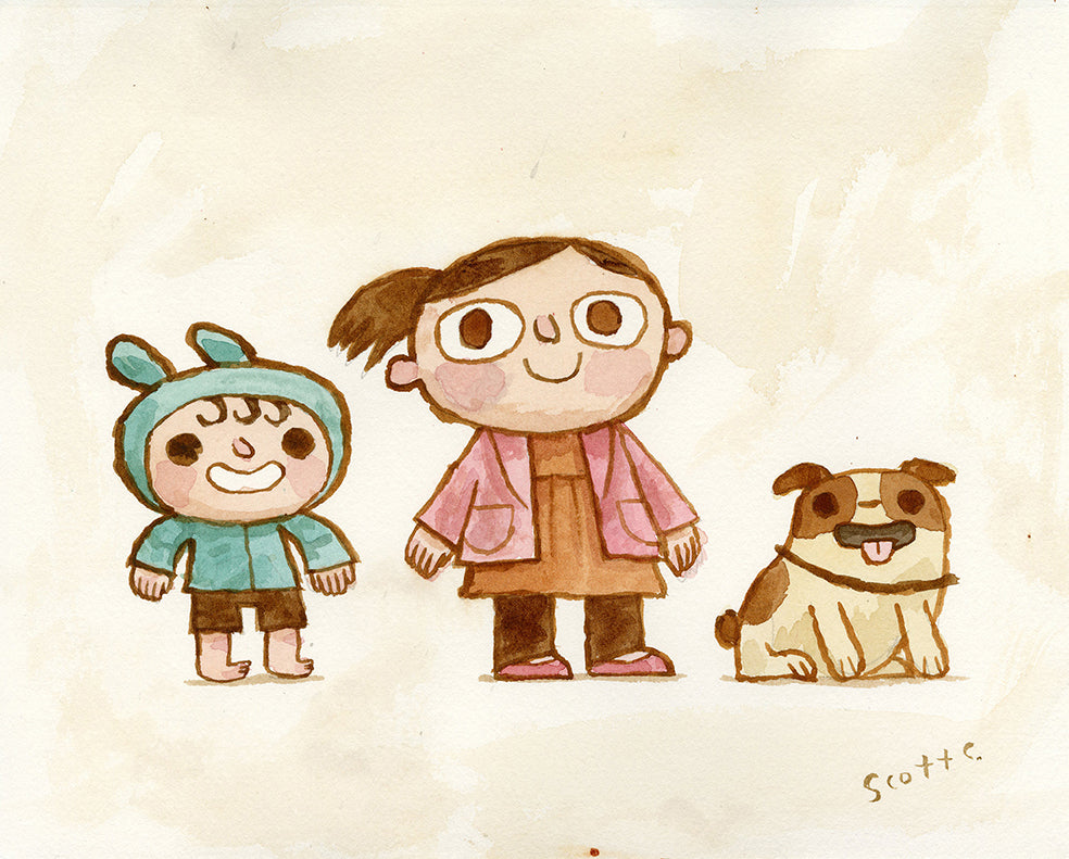 A Scott C. watercolor on paper shows a smiling child in a blue bunny hoodie, a girl in pigtails with a pink coat, and their happy brown and white dog sitting together.