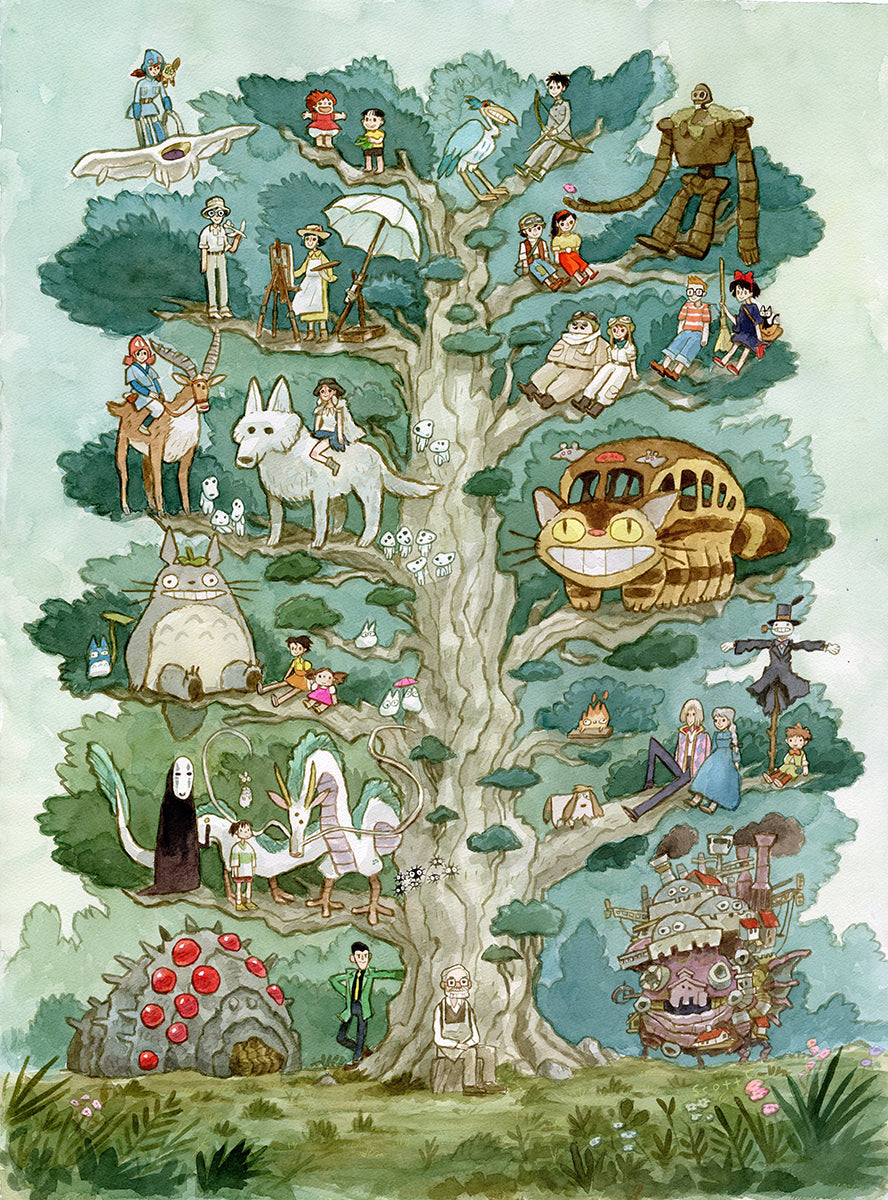 The Scott C. Miyazaki Tree showcases Studio Ghibli characters like Totoro, Catbus, and No-Face in his signature watercolor and colored pencil style, with the figures perched among whimsical branches and roots.