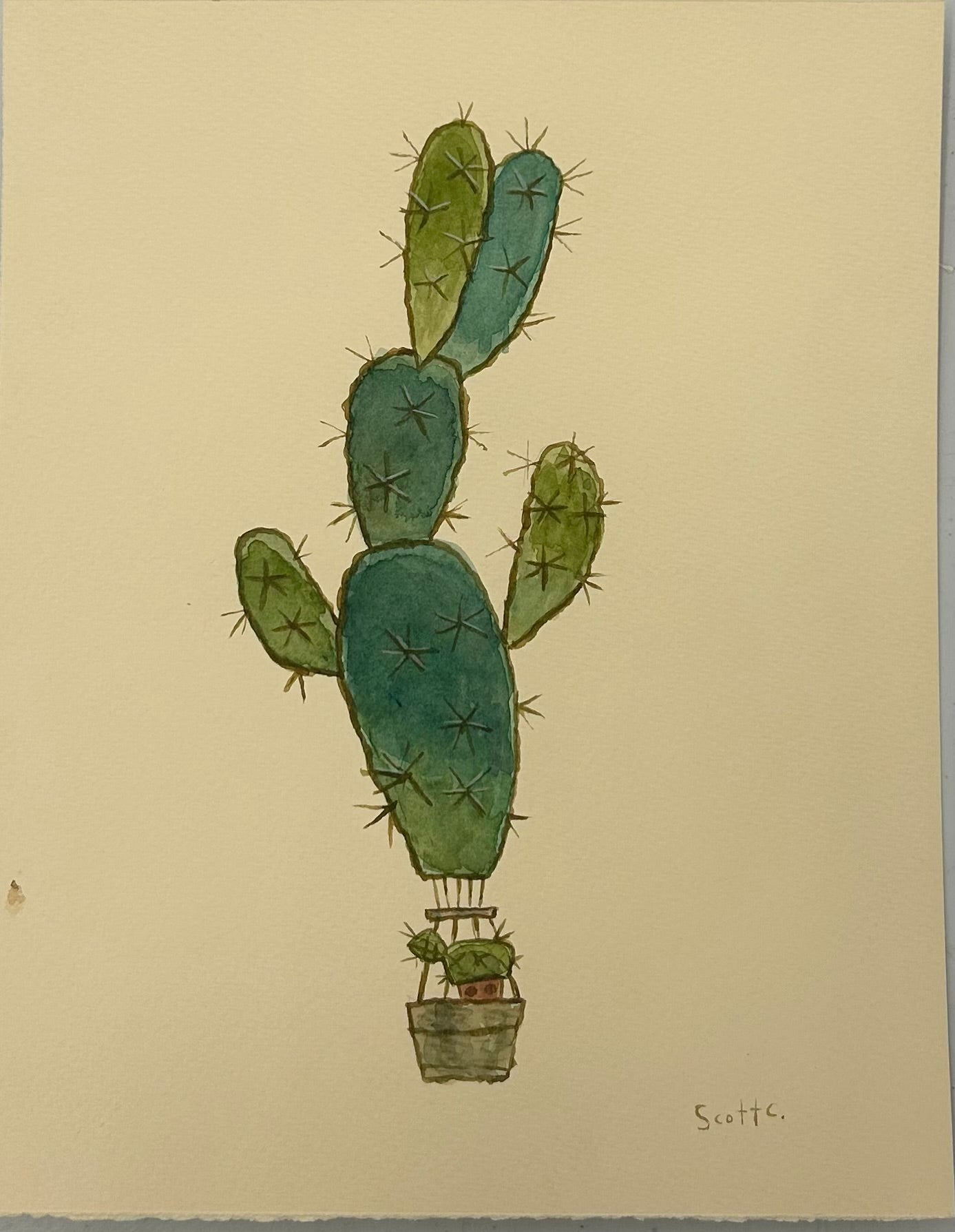 A watercolor by Scott C. called Desert Floats shows a prickly pear cactus hot air balloon with a brown basket holding a tiny plant; Scott C.’s signature is in the bottom right.