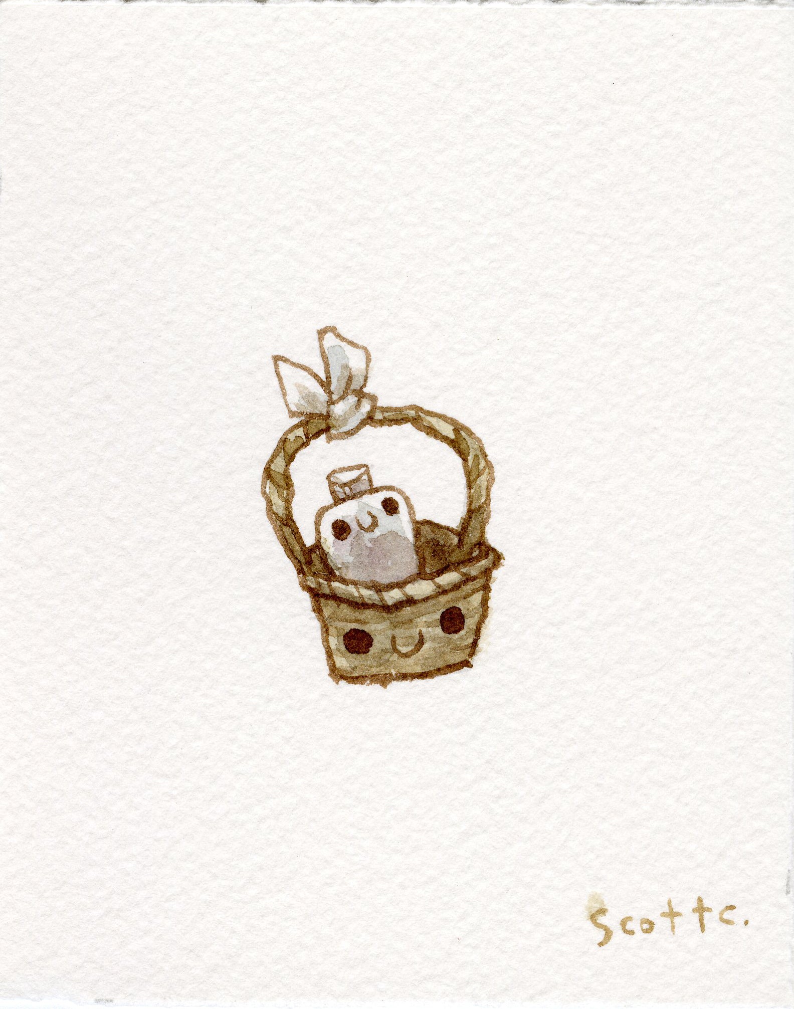 A small, cute watercolor on paper by Scott C. shows a smiling woven basket with a bow, holding a happy marshmallow and chocolate. The artist’s signature appears in the bottom right corner.