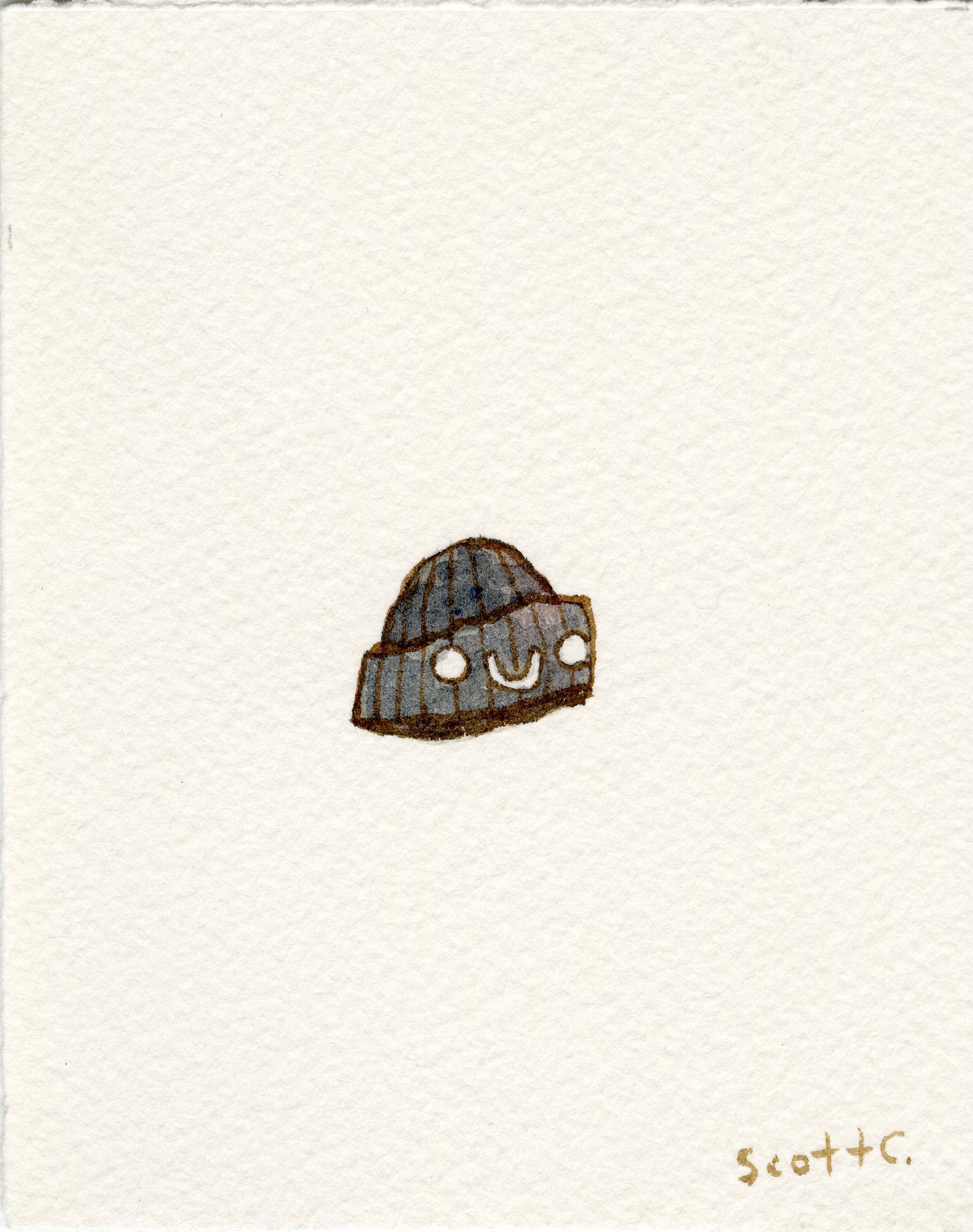 A small, hand-drawn gray knit beanie with a smiling face sits on a white background. Watercolor on paper by Scott C.; the artist’s signature appears in the bottom right corner.
