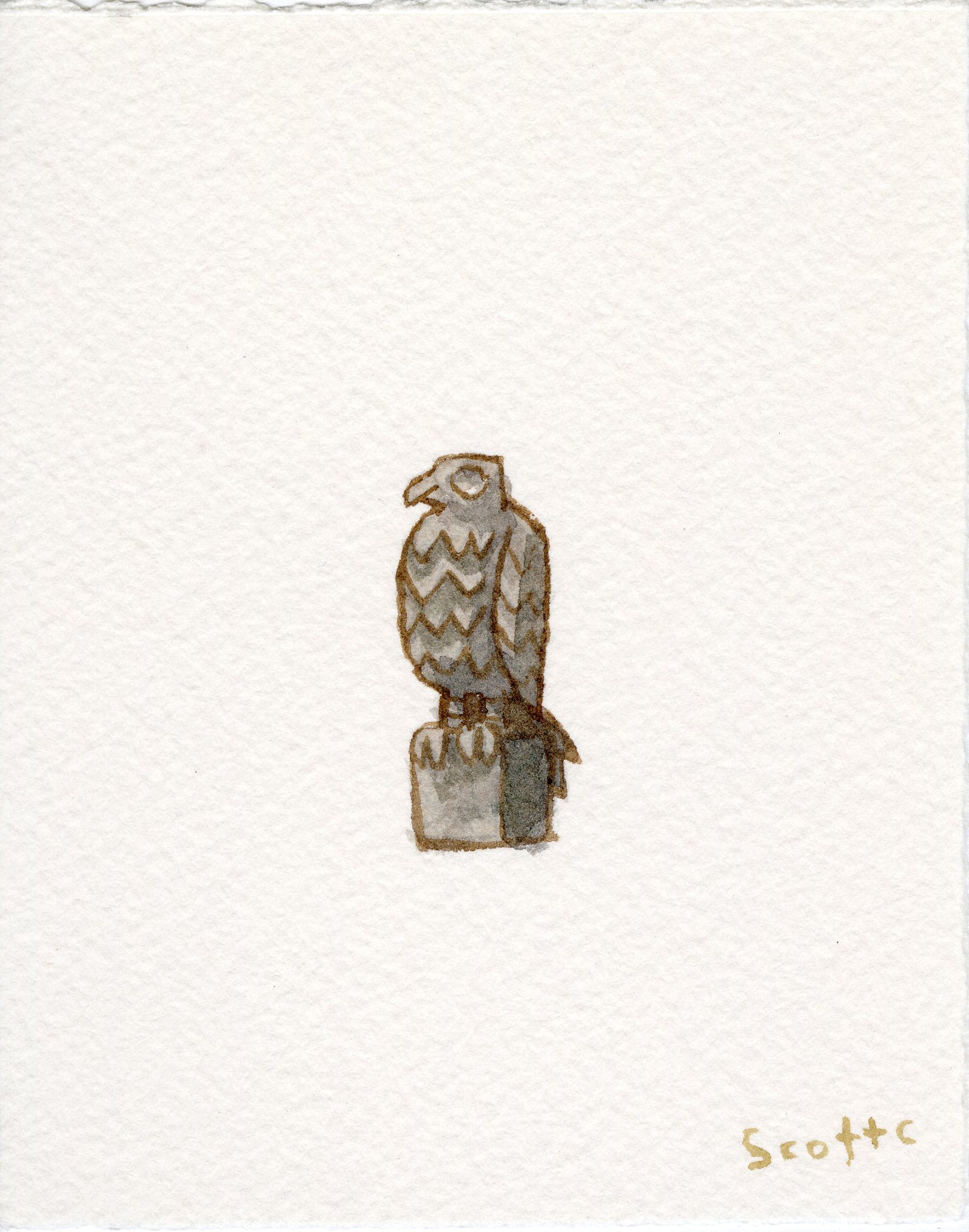 A small watercolor on paper by Scott C. depicts a gray bird statue, reminiscent of The Maltese Falcon, perched on a rectangular base and centered on a plain white background. The artists gold signature is at the bottom right corner.