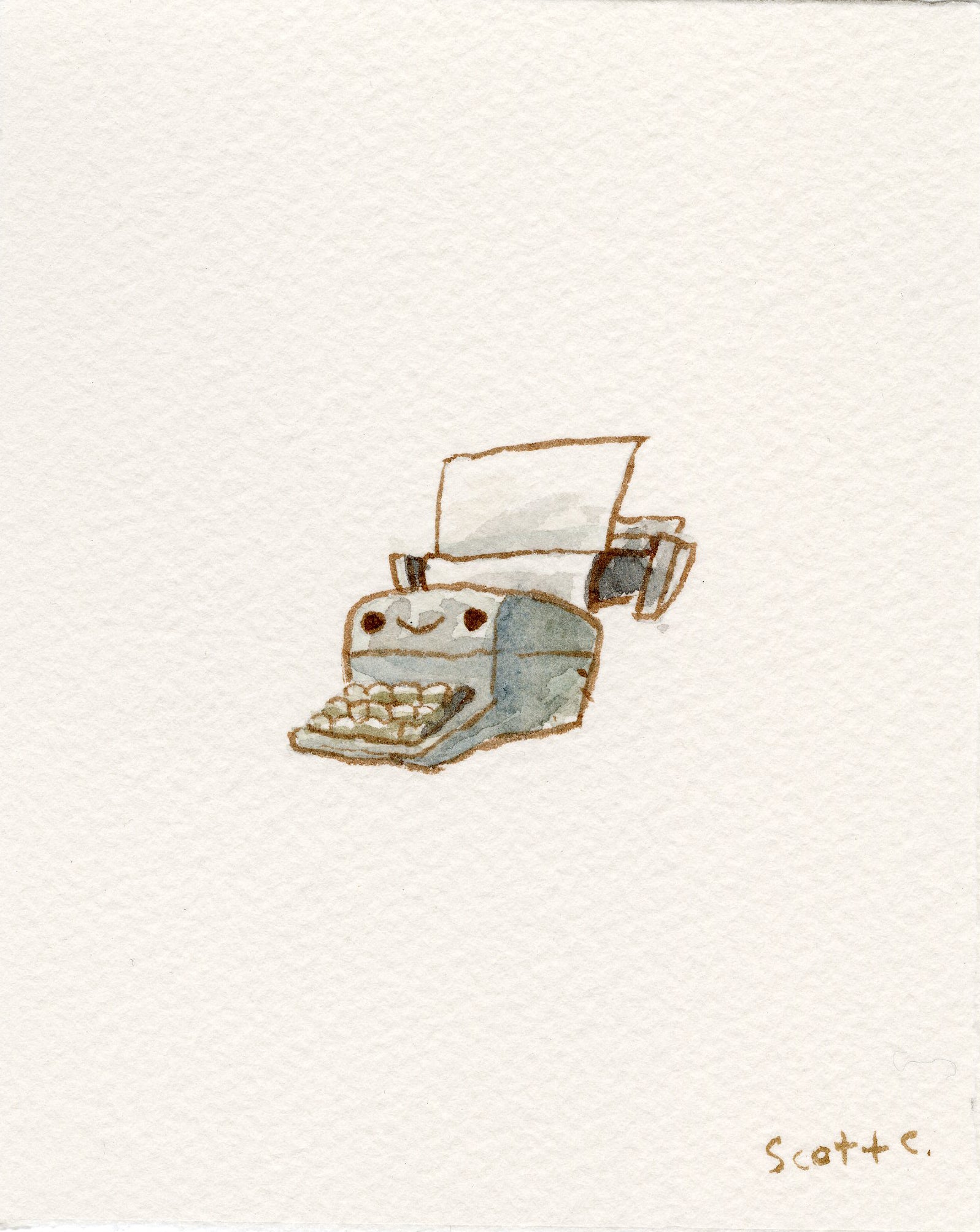 A small watercolor on paper illustration by Scott C. depicts a gray typewriter with a cute smiling face, inspired by All The Presidents Men. Scott C.s signature appears in the bottom right corner.