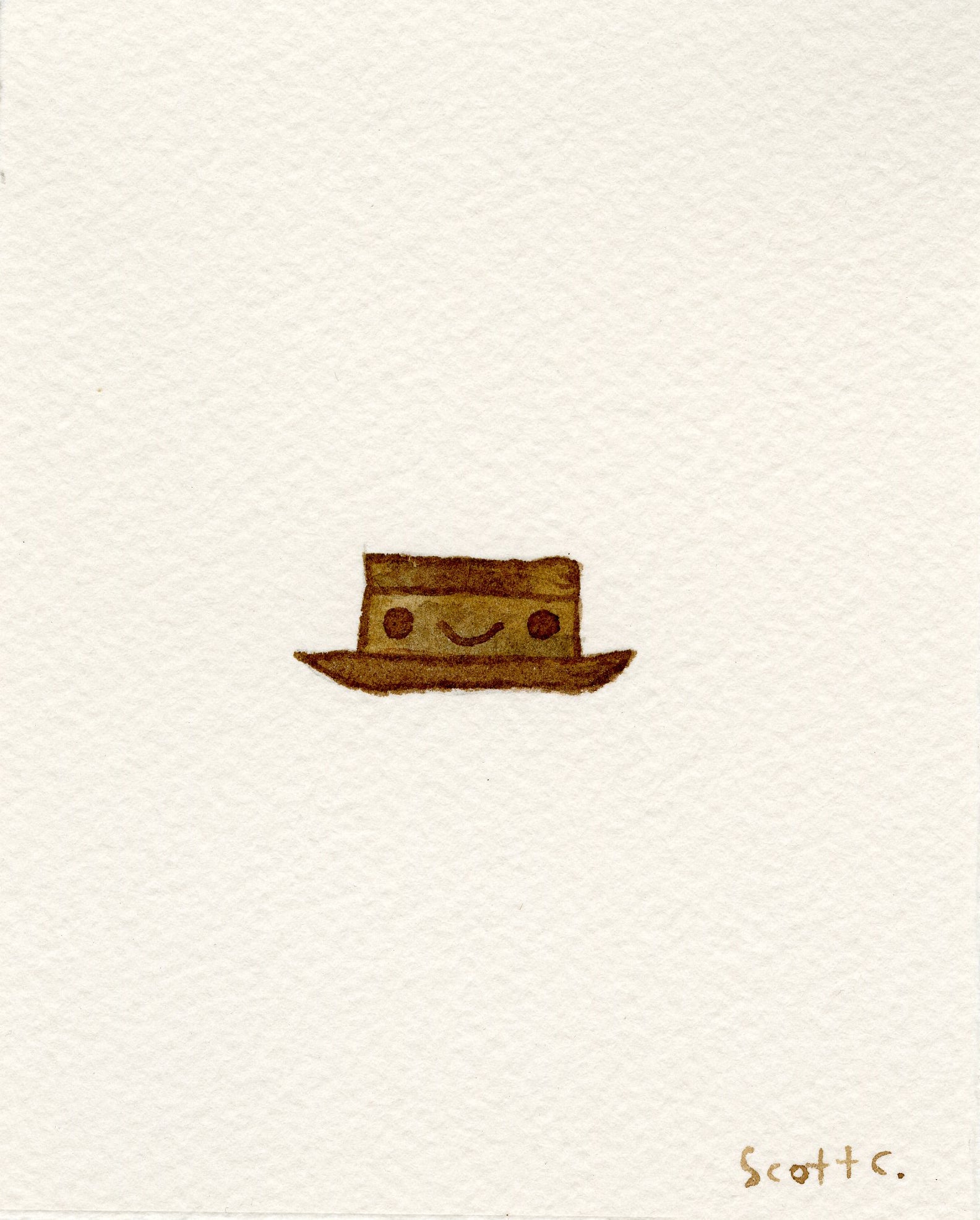 A simple watercolor by Scott C. shows a brown cowboy hat with a smiling face and round eyes on an off-white background, with the artists signature in the bottom right corner.