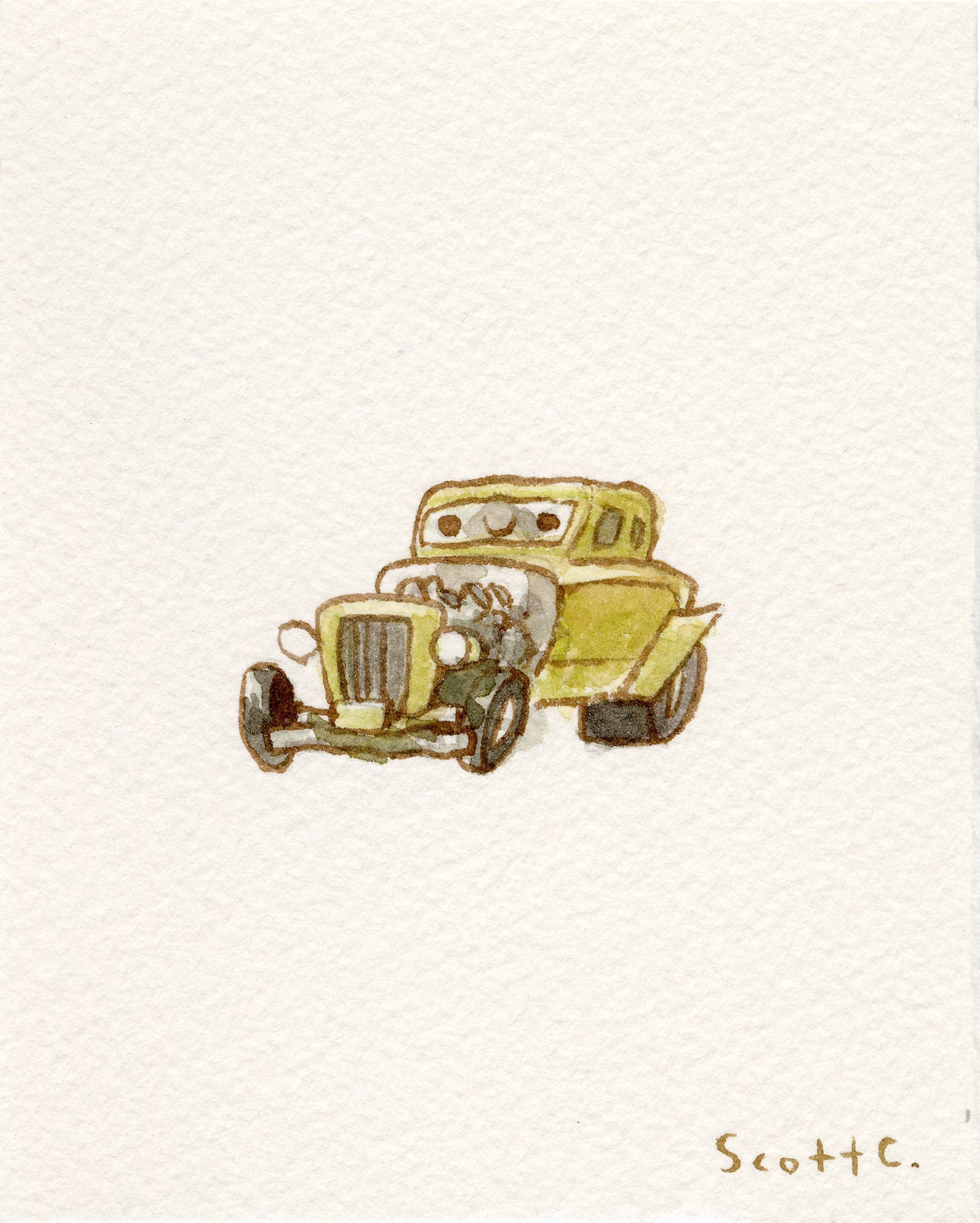 A watercolor on paper illustration of a vintage yellow hot rod car facing slightly left, with prominent headlights and exposed engine parts. Signed by the brand Scott C. in the bottom right corner.