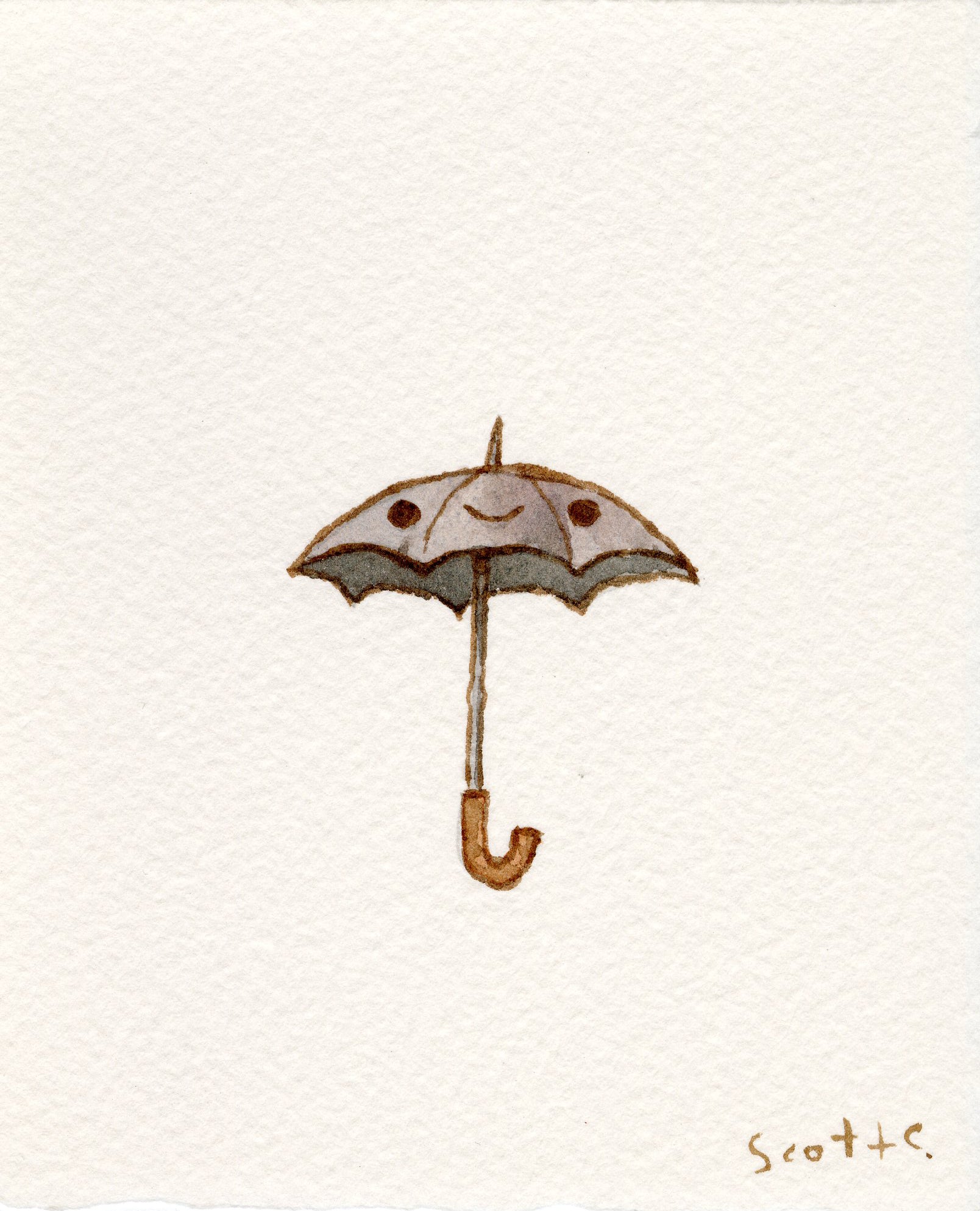 A charming watercolor by Scott C. depicts a gray umbrella with a curved brown handle and a smiling face, evoking Singin In The Rain, with the Scott C. brand signature in the bottom right corner.
