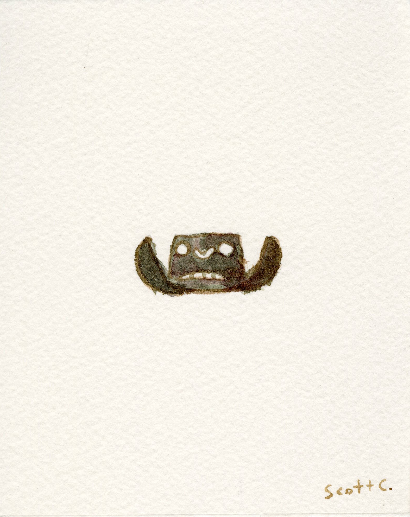 A small, simple watercolor on paper by Scott C. depicts a dark rectangular creature with two white eyes, a frowning mouth, and raised curved arms, centered on an off-white background. The artists signature appears in the bottom right corner.