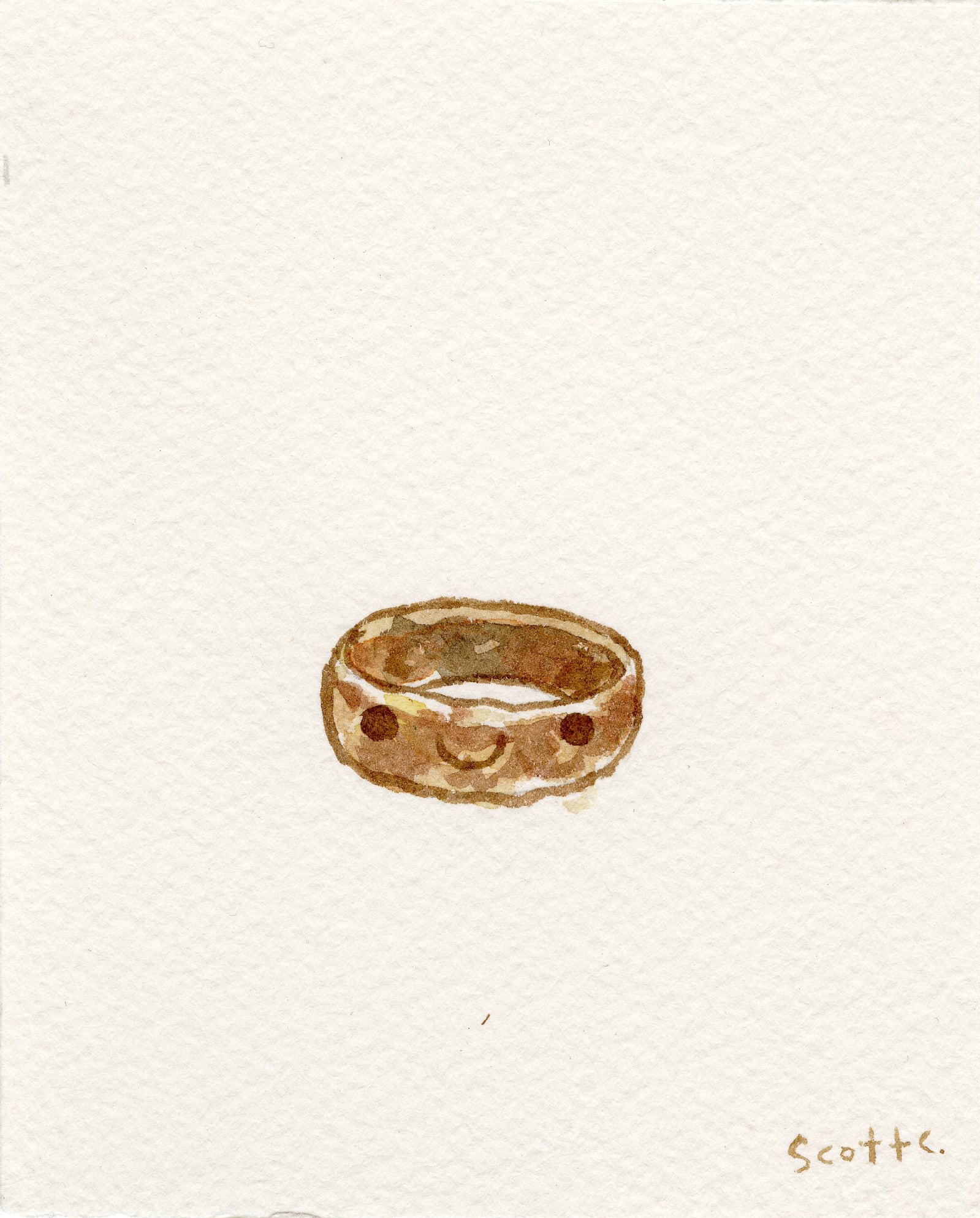 A watercolor on paper by Scott C. depicts a gold ring inspired by The Lord Of The Rings, with a subtle pattern and two dark spots, centered on a plain white background. The artist’s signature appears in the bottom right corner.