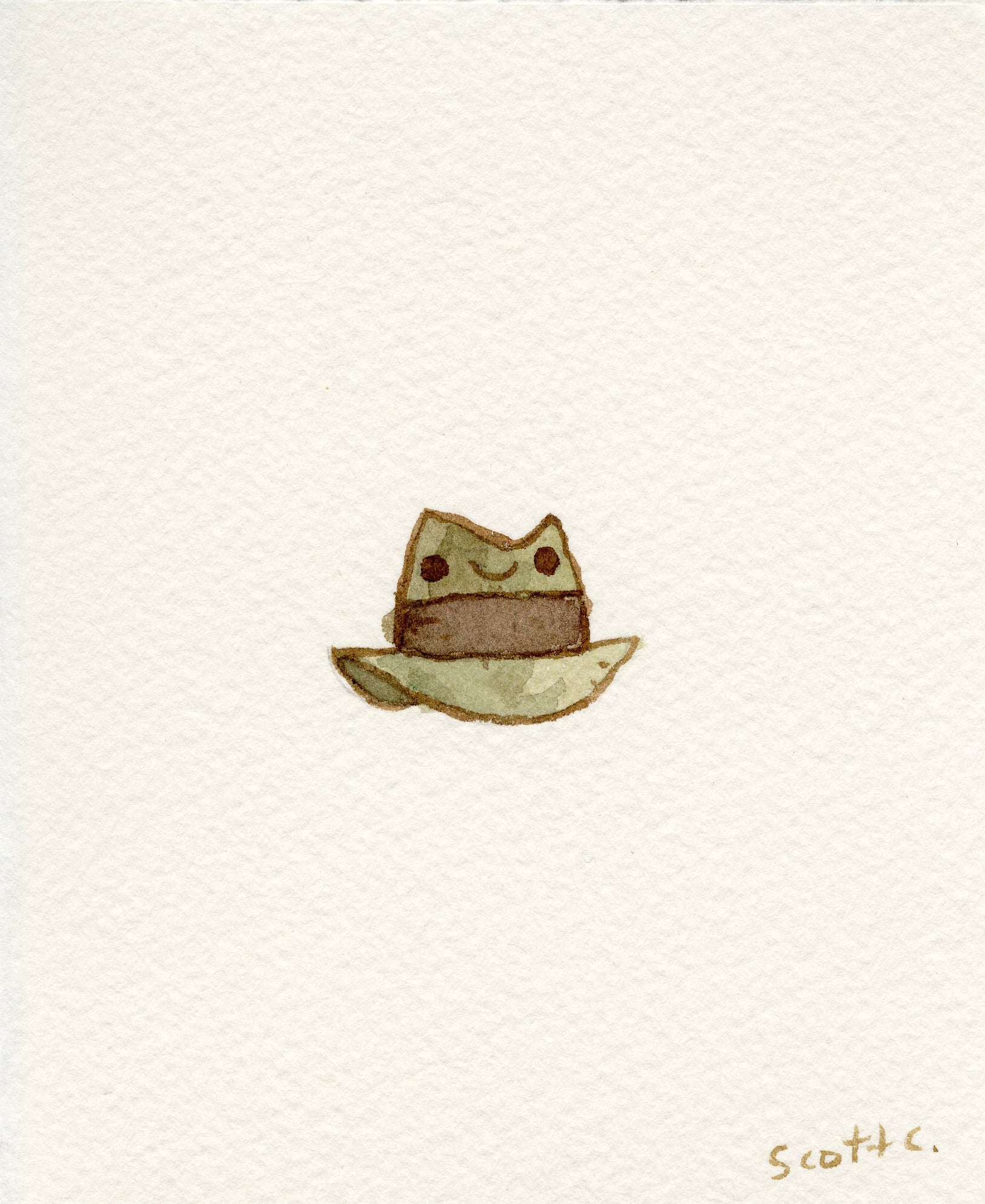 A small, smiling cartoon cat in a wide-brimmed hat channels Bonnie and Clyde vibes in this watercolor on paper by Scott C. The artwork is signed by the artist in the bottom right corner. Brand: Scott C.