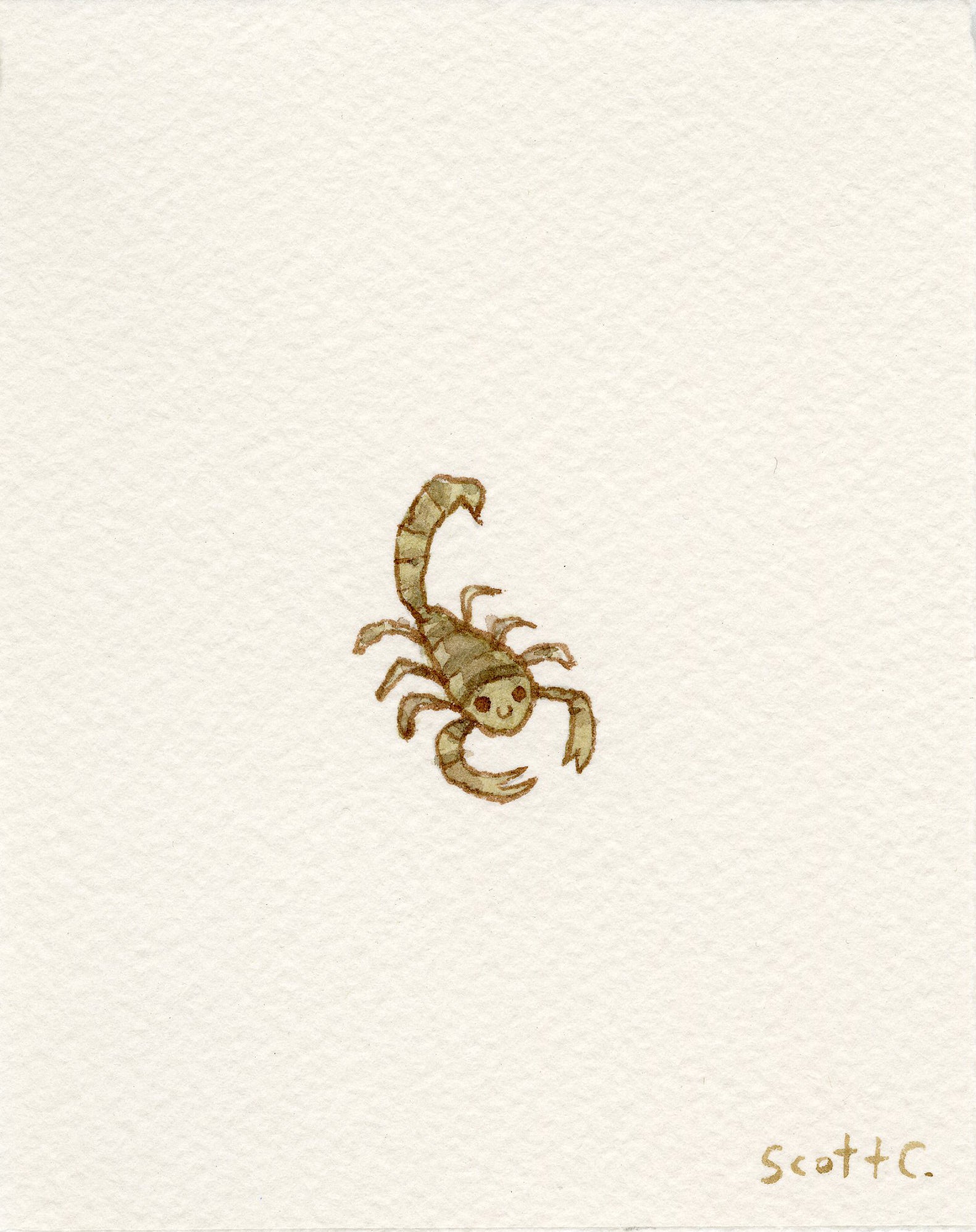 A small, light brown cartoon scorpion with a smiling face is centered on a plain white background in this charming watercolor on paper by Scott C.