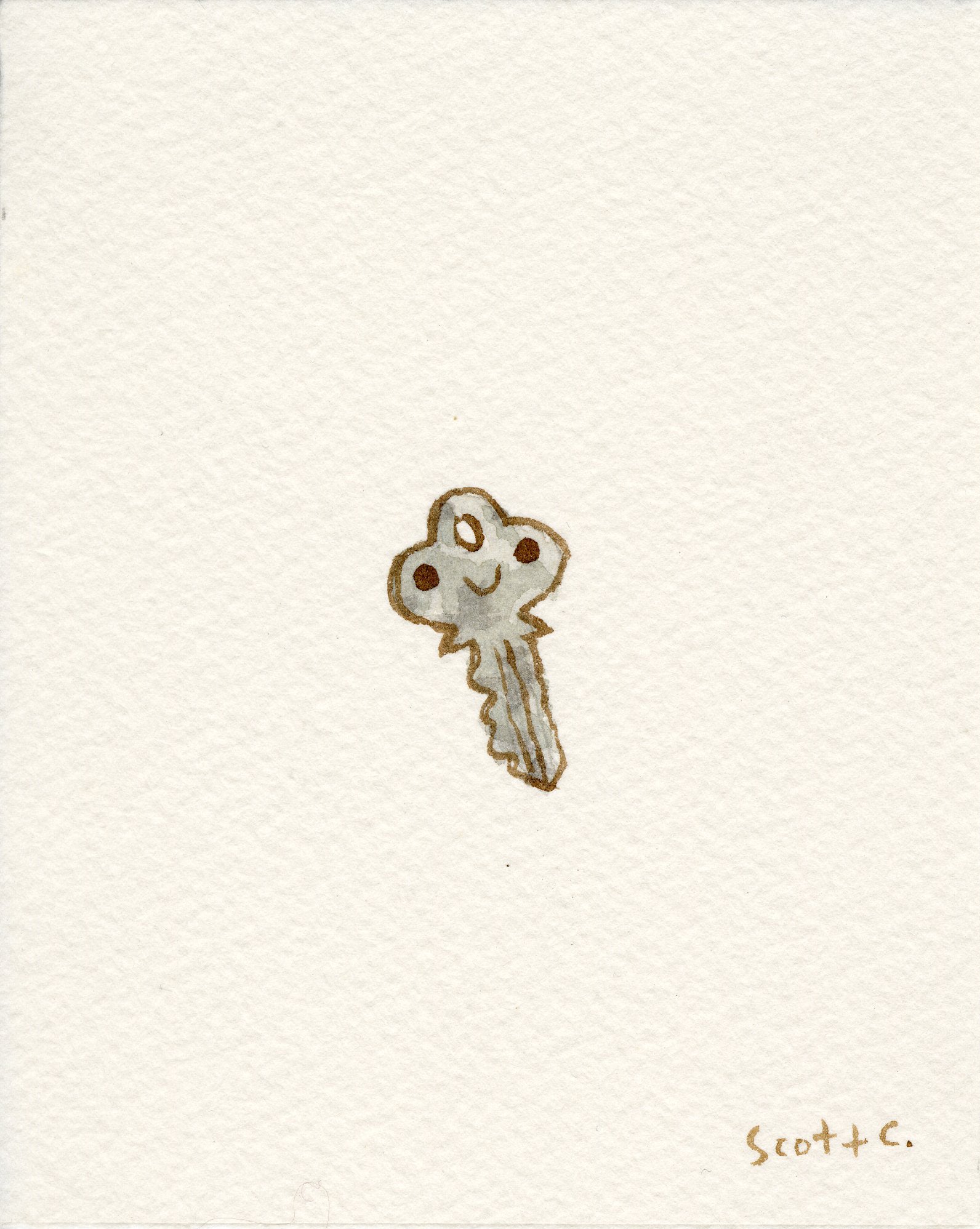 A simple watercolor painting by Scott C. features a silver key with a smiling face, centered on a plain white background, with the artist’s signature in the bottom right corner.