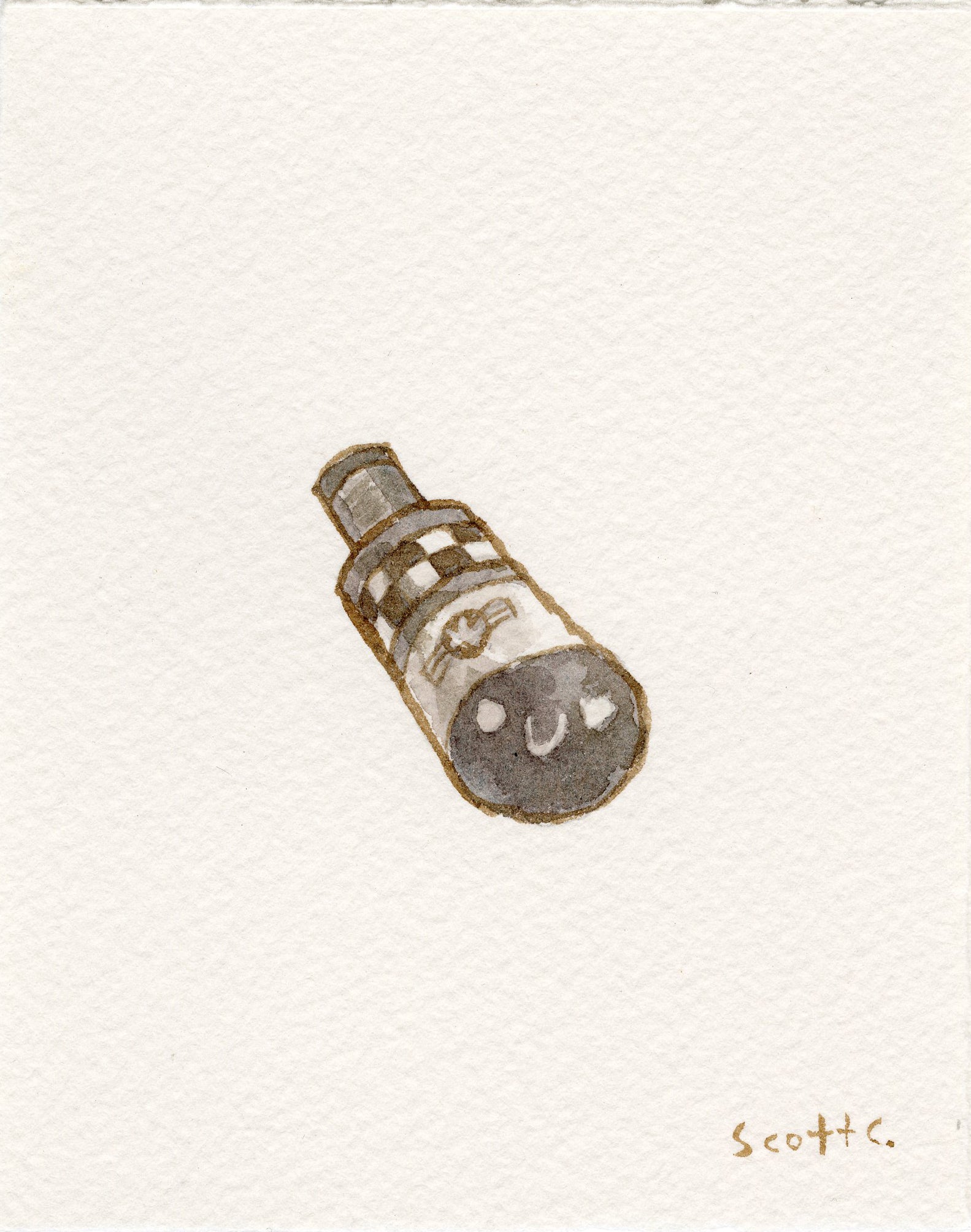 A small illustration of a bubble tea drink with a smiling face and black pearls, drawn in soft brown watercolor tones. The Scott C. brand name appears in the bottom right corner.