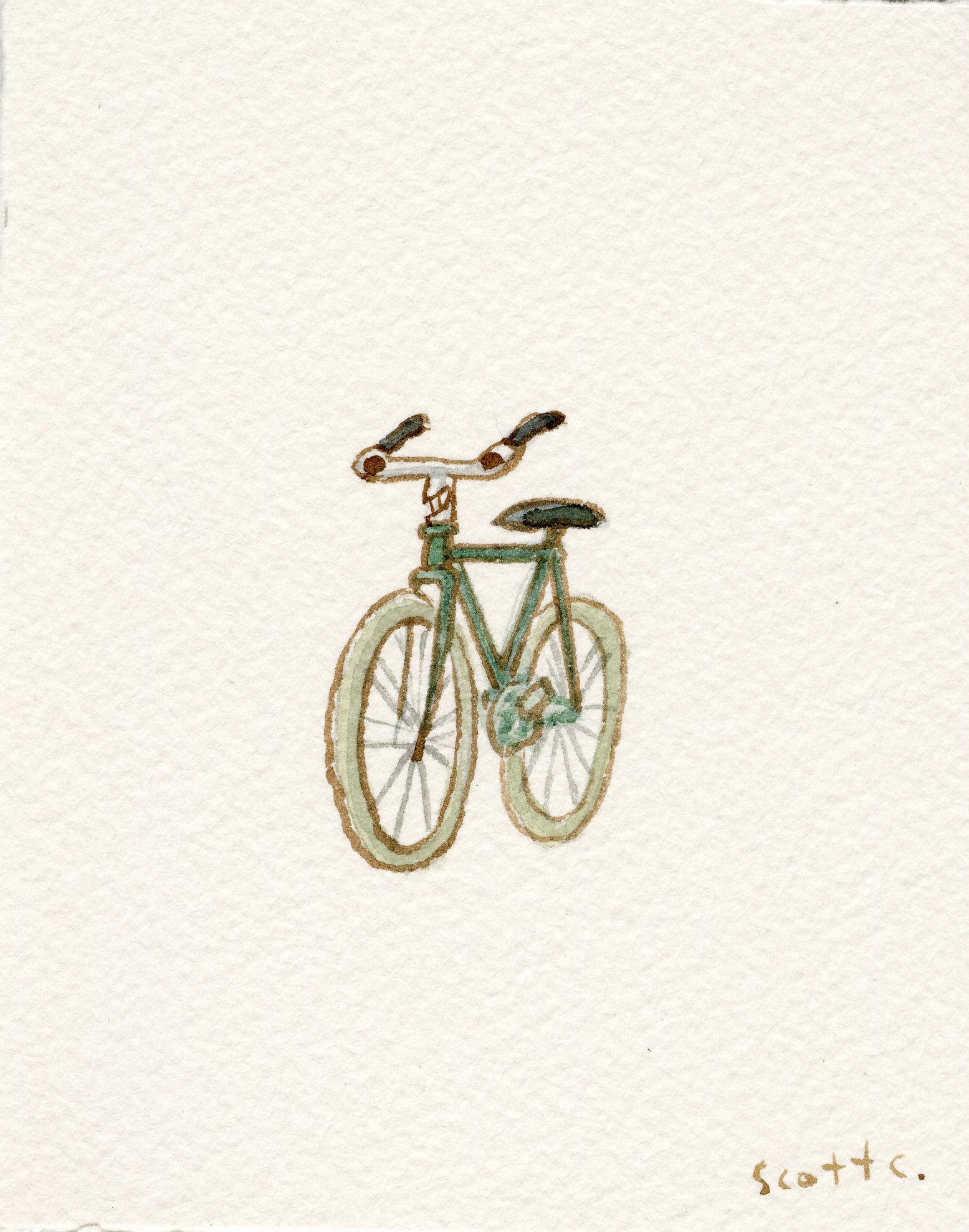 A whimsical watercolor on paper by Scott C. features a green bicycle with black handlebars and seat, centered on a textured white background with the artists signature in the bottom right corner.
