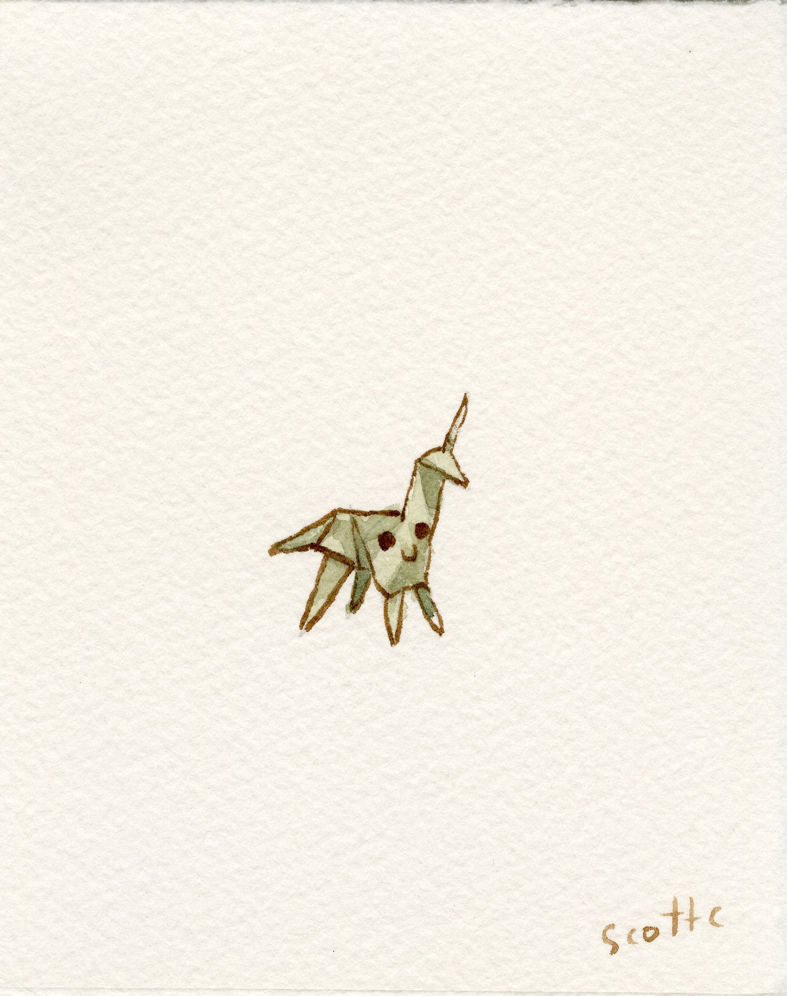 A small watercolor painting by Scott C. shows a smiling green origami unicorn centered on white paper, with Scott C.’s signature in the bottom right—a subtle nod to Blade Runner.