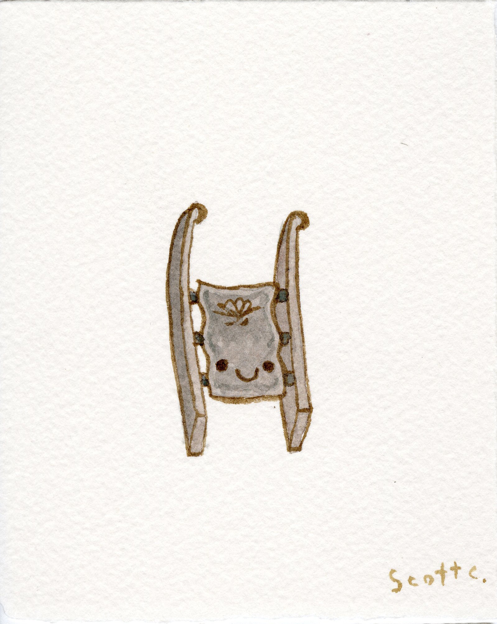 A small, hand-painted watercolor illustration from Scott C. depicts a smiling gray rocking chair with rosy cheeks and decorative details, centered on a plain white background. “Scott C.” is signed in the bottom right corner.