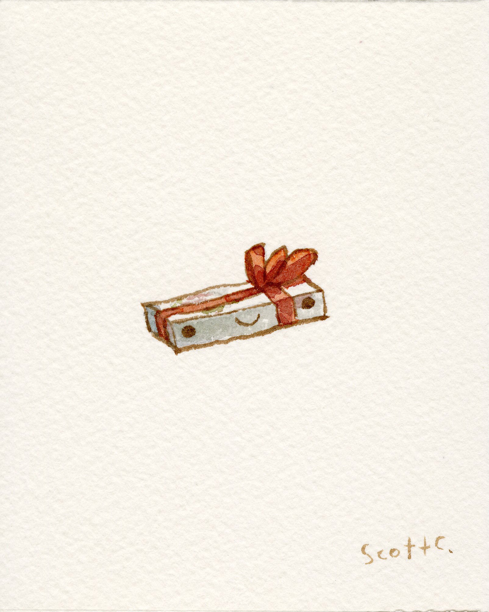 A small, rectangular gift box with a smiling face and red ribbon bow, illustrated in watercolor on textured white paper. The artists signature Scott C. is at the bottom right. Brand: Scott C.