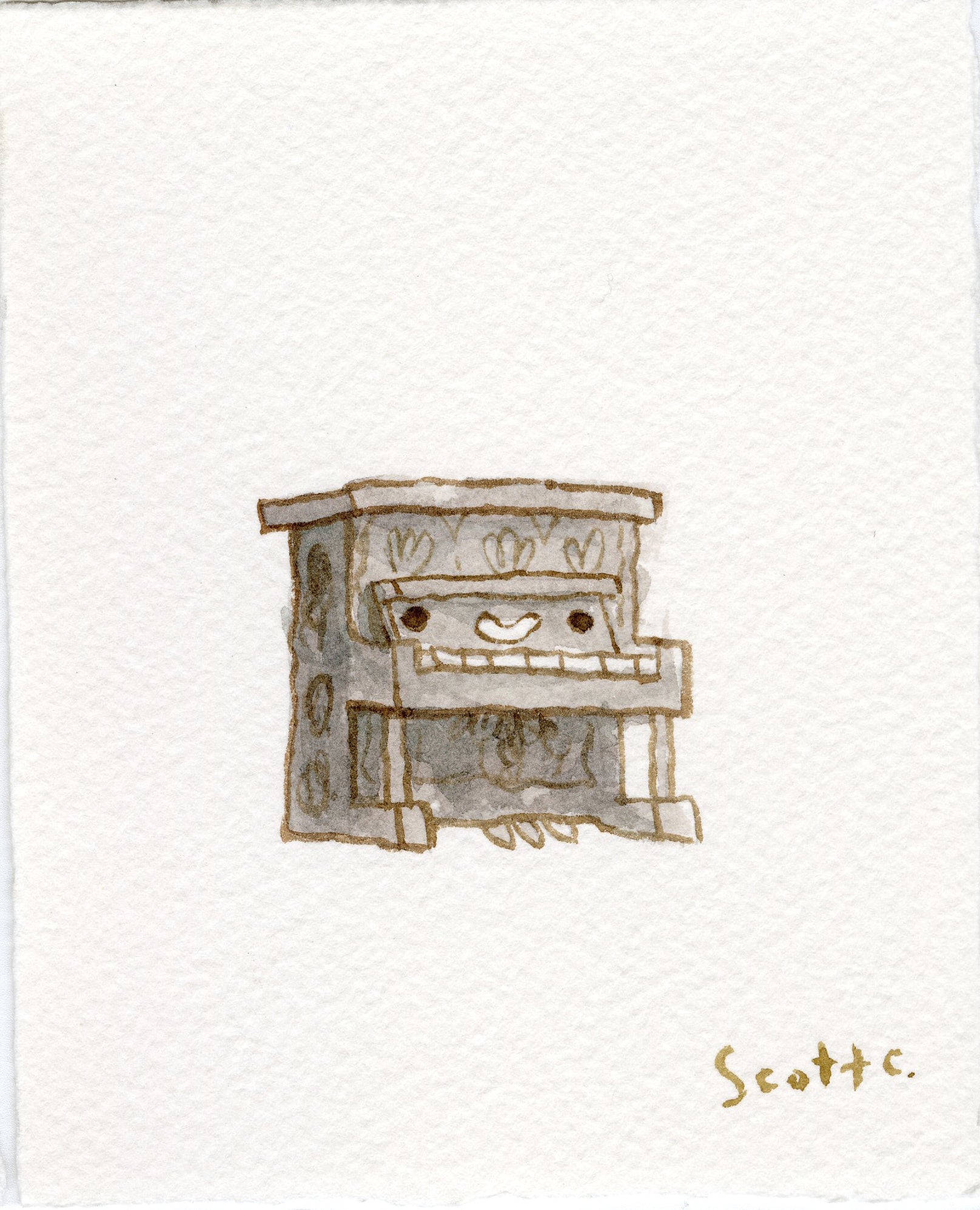 Scott C.’s whimsical watercolor features a small, cartoonish gray upright piano with a smiling face, decorative patterns, and playful charm. The artist’s signature appears in the bottom right corner.