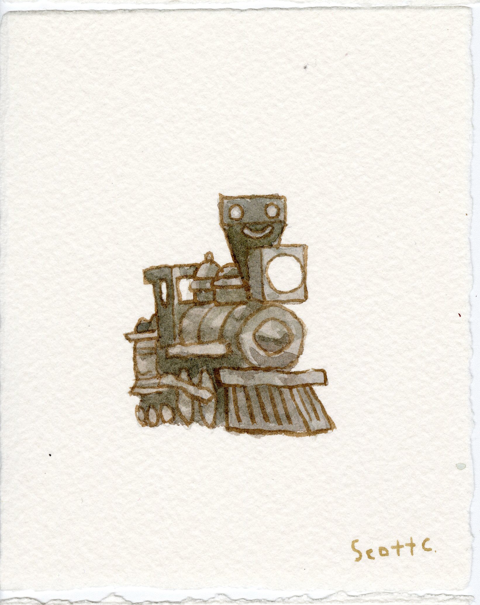 A small, brown, cartoon-style train engine inspired by The General, with a smiling face on its front, painted in watercolor on textured white paper. The artist’s signature, “Scott C.,” is in the bottom right corner.