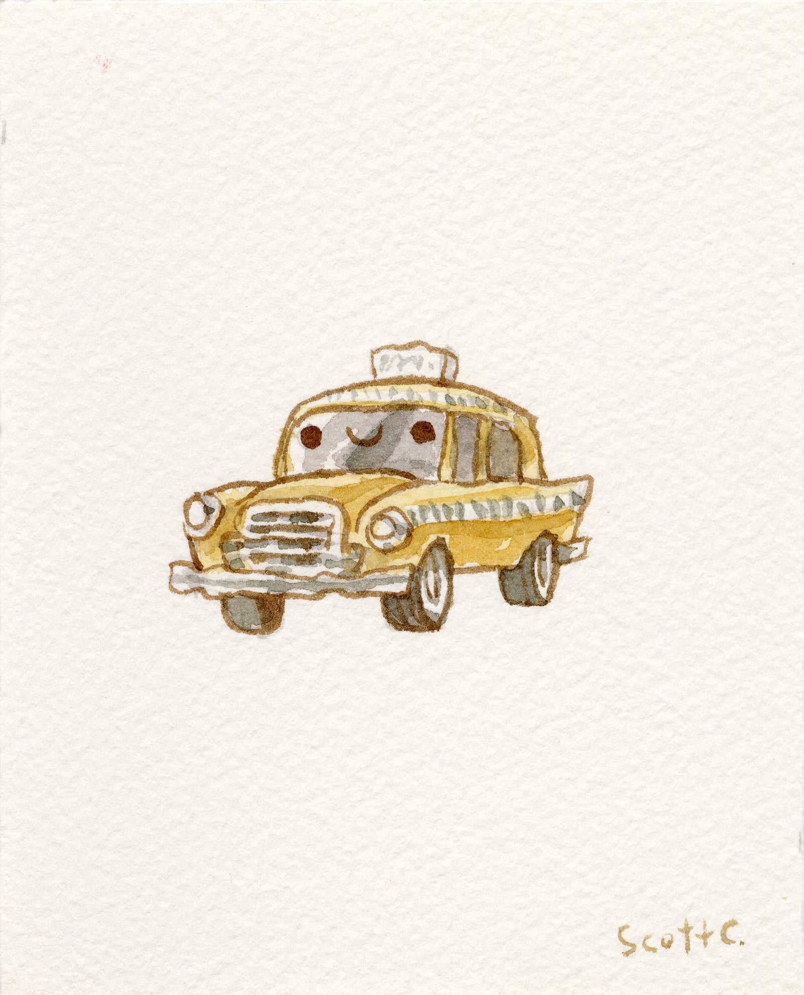 A whimsical watercolor features a cheerful yellow cartoon taxi with a smiling face and round headlights, illustrated on white paper by Scott C., with his signature in the bottom right corner.
