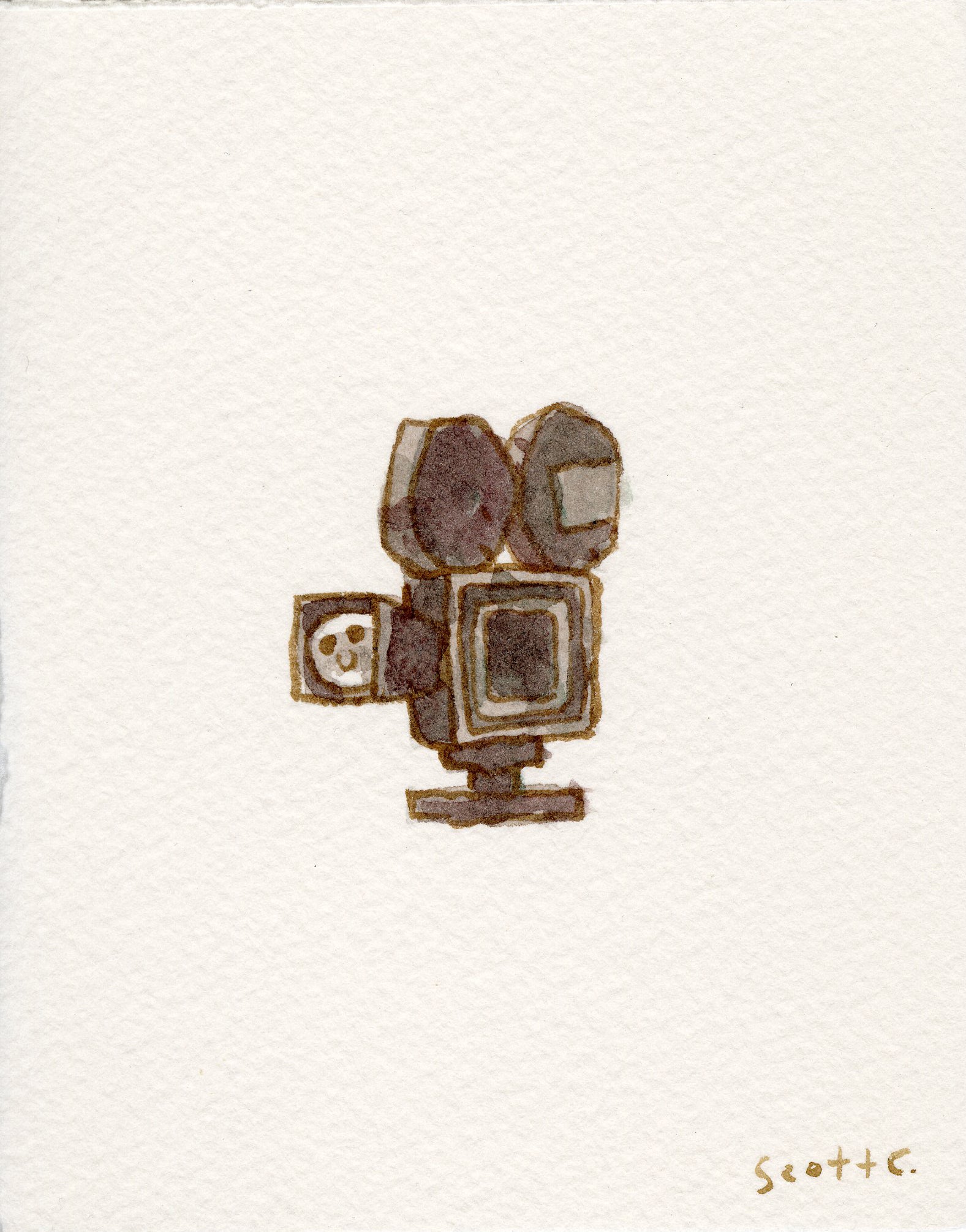 A small watercolor by Scott C. depicts a vintage film camera with two reels in brown tones on white paper, evoking classic Sunset Boulevard nostalgia. The artists signature appears in the bottom right corner.