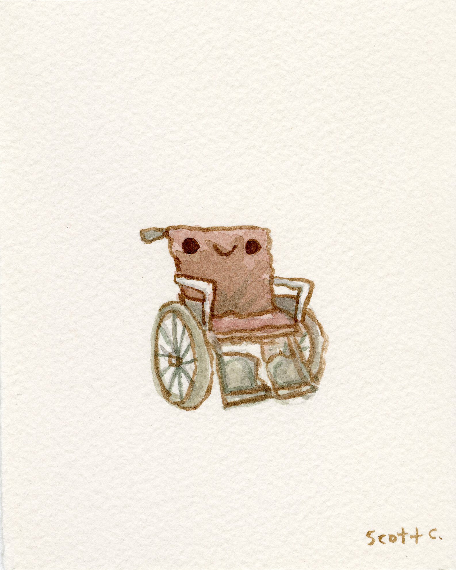 A watercolor by Scott C. shows a brown wheelchair with a smiling face on the backrest against a white background, inspired by Rear Window. The artist’s signature is in the bottom right corner.