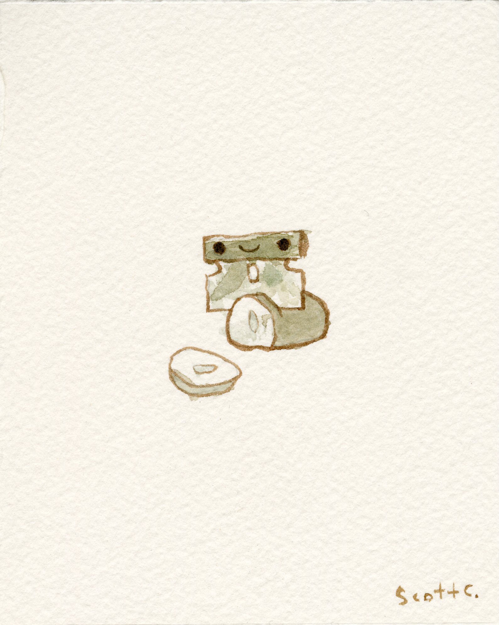 A small watercolor by Scott C. shows a smiling stack of cash with eyes and a mouth, holding a coin, sitting next to another coin on a plain white background. The artists signature is in the bottom right corner.