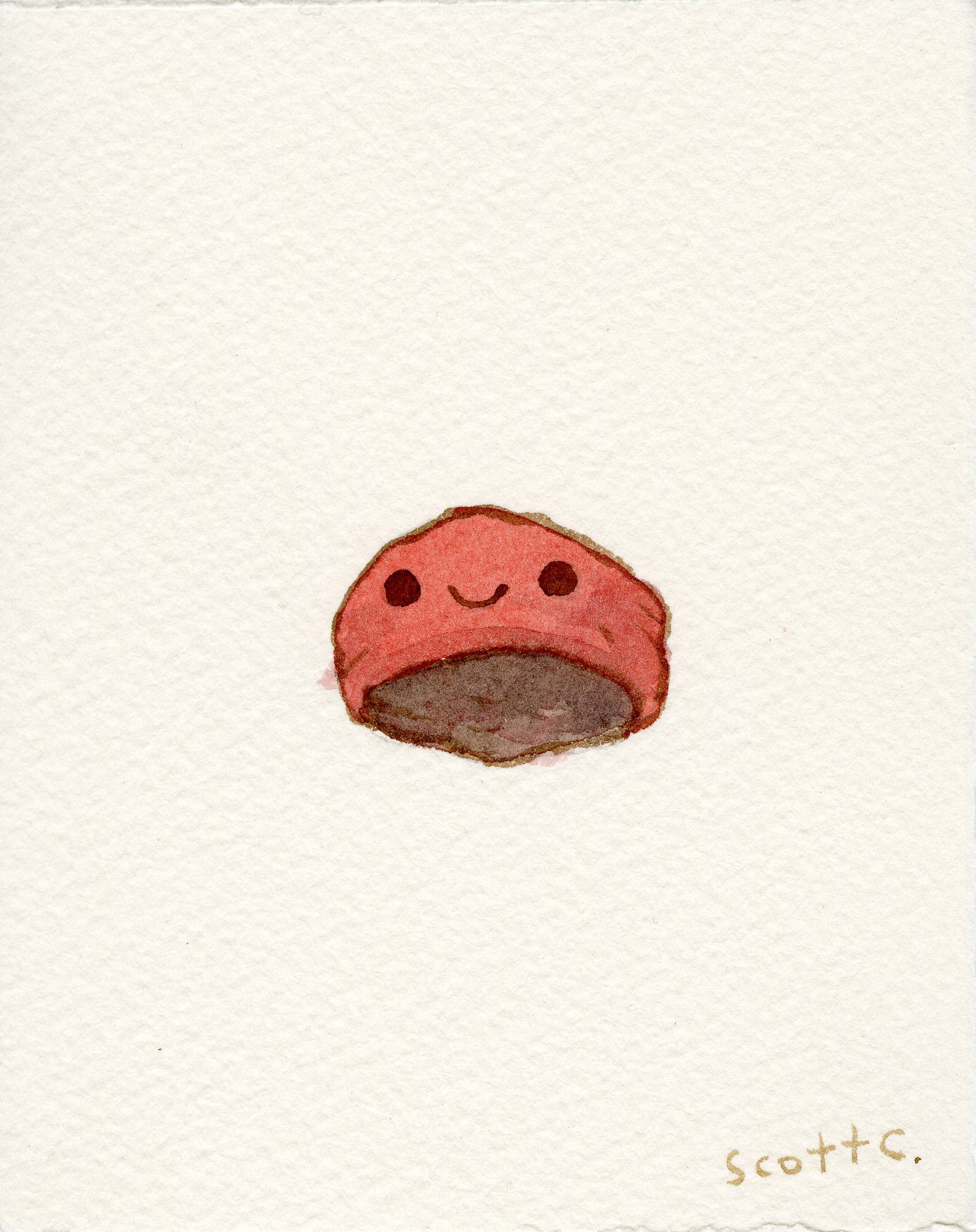 A simple watercolor illustration of a smiling red shell is centered on an off-white background. The Scott C. signature is in the bottom right, with playful nods to The Deer Hunter woven into the design.