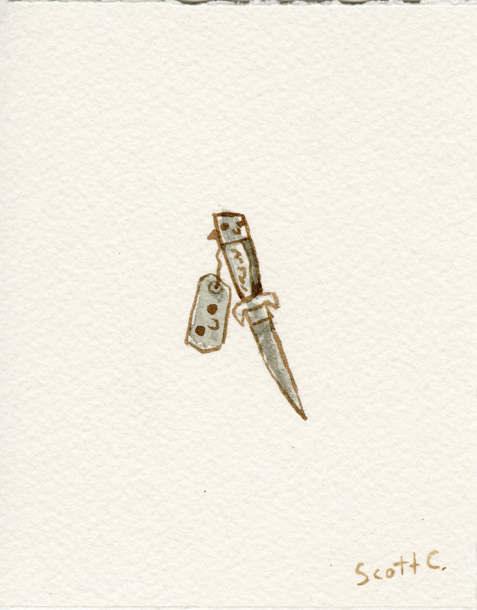 A small watercolor on paper by Scott C. depicts a brown-toned knife with a dog tag on its handle, centered on a white background and signed by the artist in the bottom right corner.