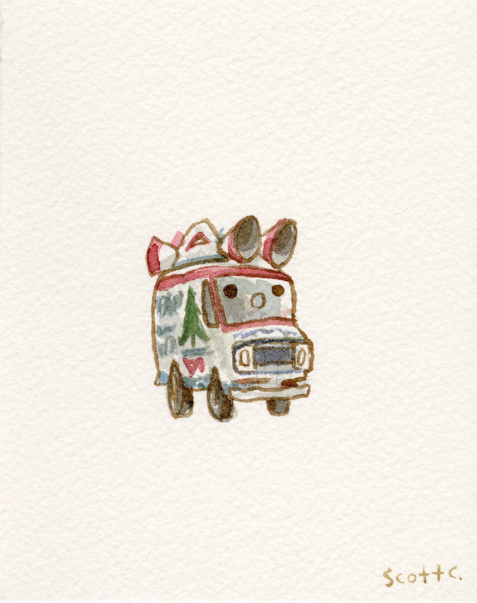 A small, festive van with a green Christmas tree and gift boxes on top, painted in Scott C.’s whimsical watercolor cartoon style. This Nashville-inspired scene appears on a white background with the Scott C. brand name in the corner.