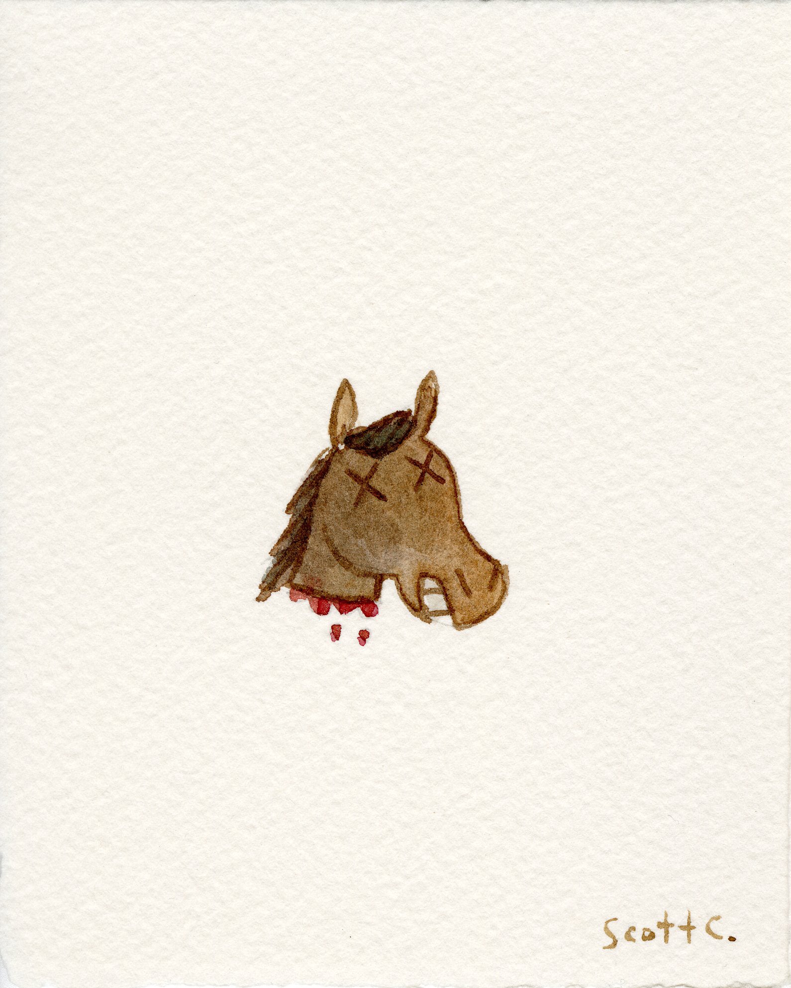 A simple watercolor illustration by Scott C., inspired by The Godfather, showing a severed horse head with Xs for eyes and blood drops on a white background, with the artist’s signature in the bottom right corner.