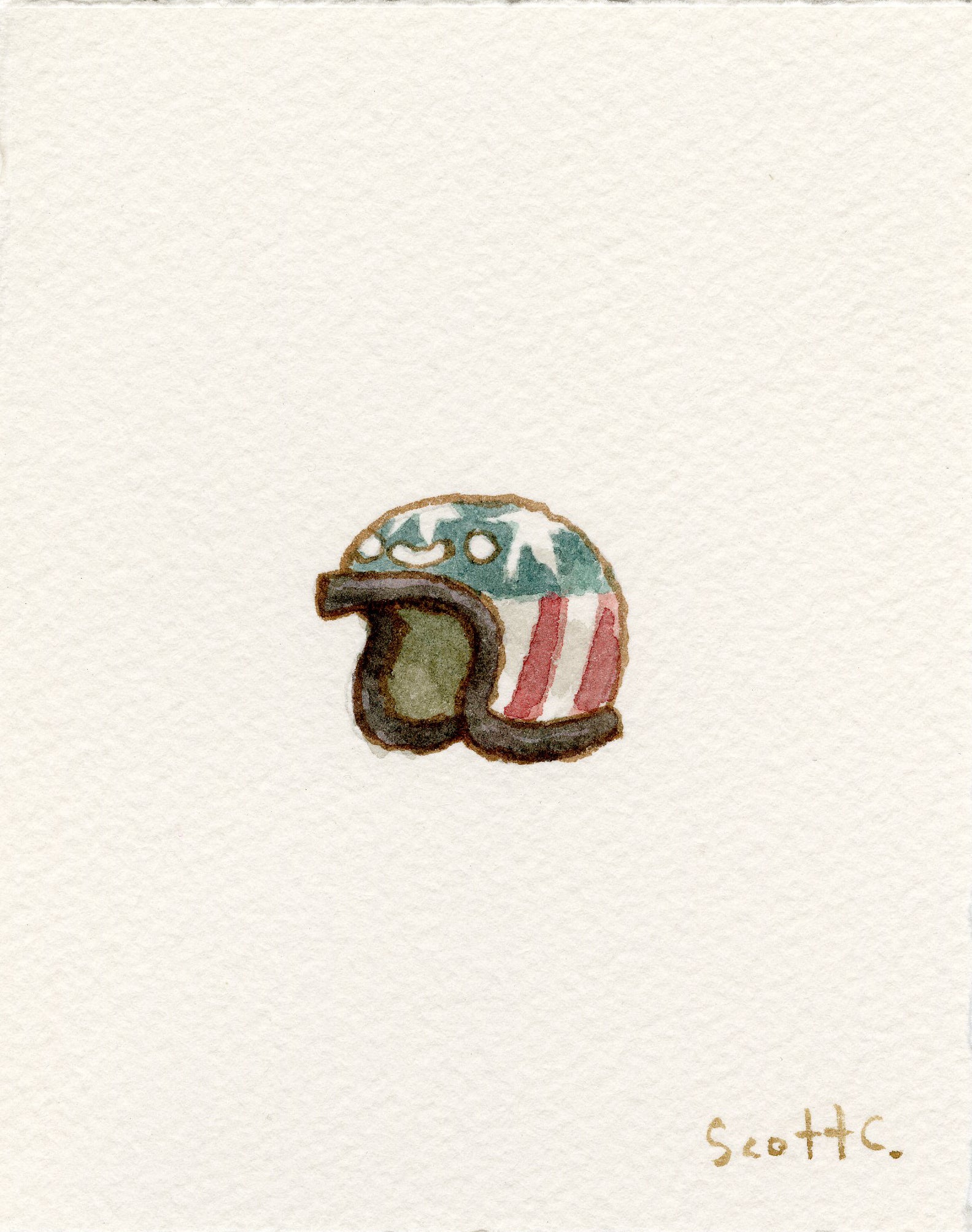 A Scott C. watercolor on paper of a motorcycle helmet with stars and red and white stripes, resembling the American flag and inspired by Easy Rider; the artist’s signature is at the bottom right.