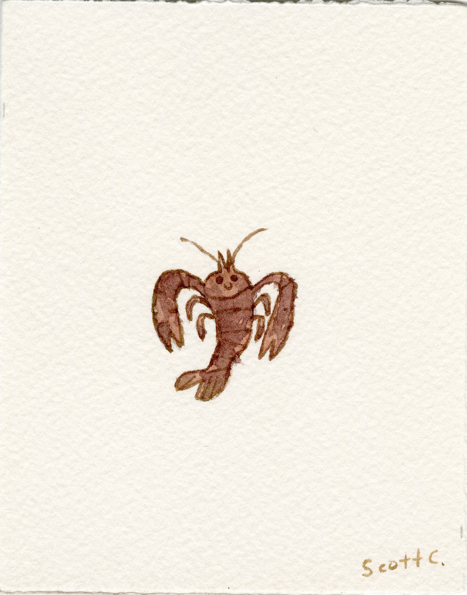 A simple watercolor painting of a smiling brown lobster with raised claws, centered on a textured white background. The brand name, Scott C., in the bottom right subtly nods to Annie Hall’s iconic lobster scene.