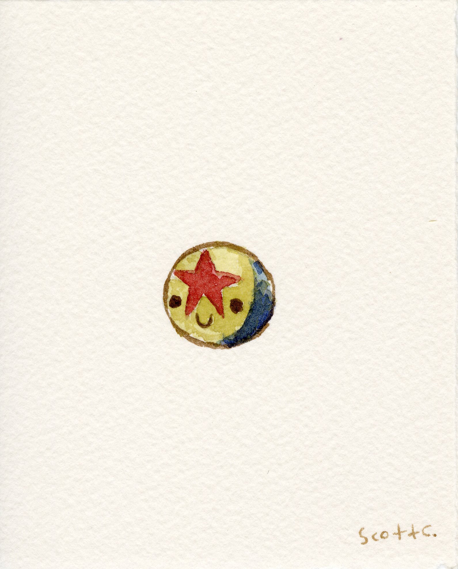 A small, round object with a red star and smiley face is centered on an off-white textured background in this charming watercolor artwork by Scott C., with the artist’s signature in the bottom right corner.