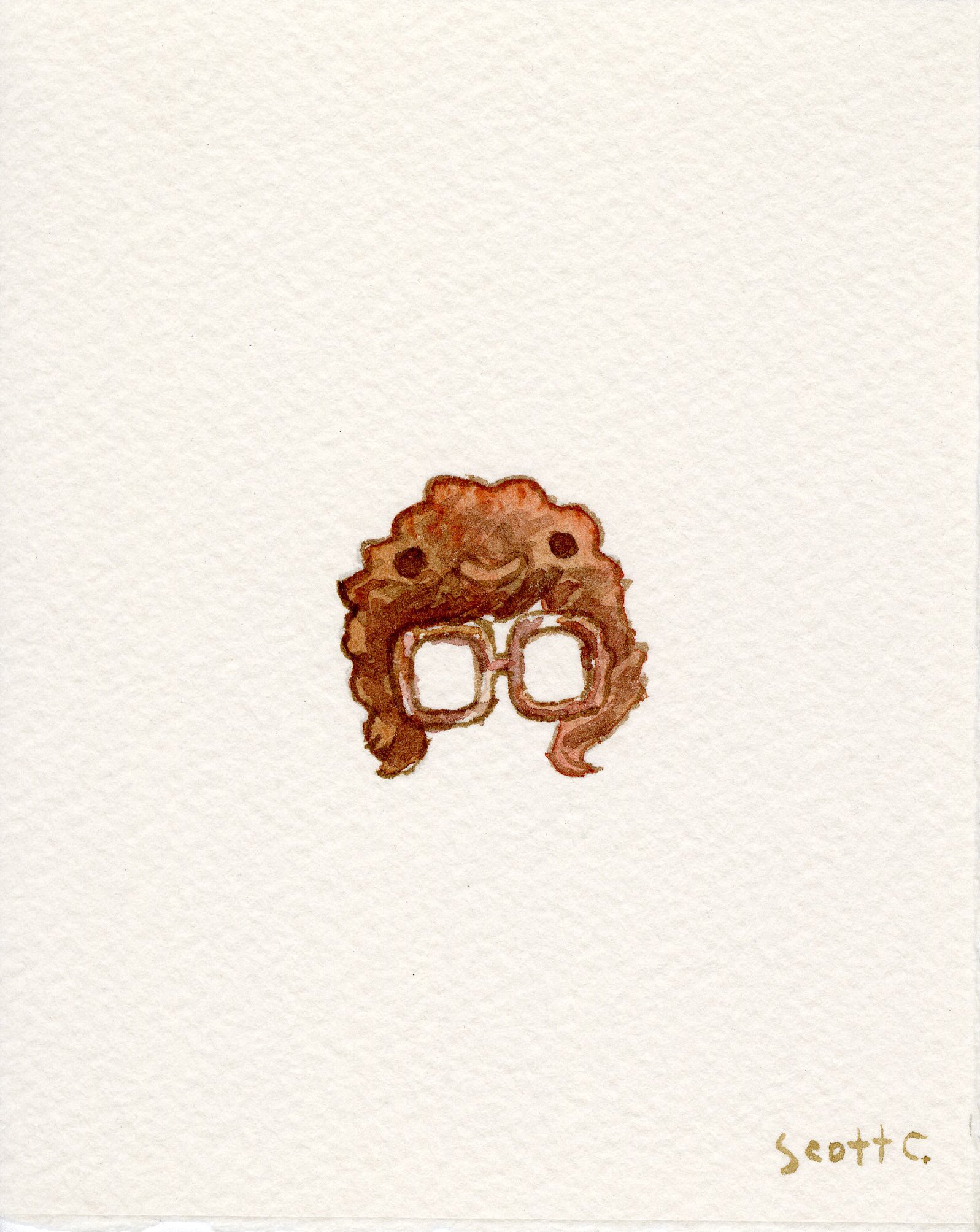 A simple Scott C. watercolor of curly brown hair and large square glasses, inspired by Tootsie, centered on white with the Scott C. signature in the bottom right corner.