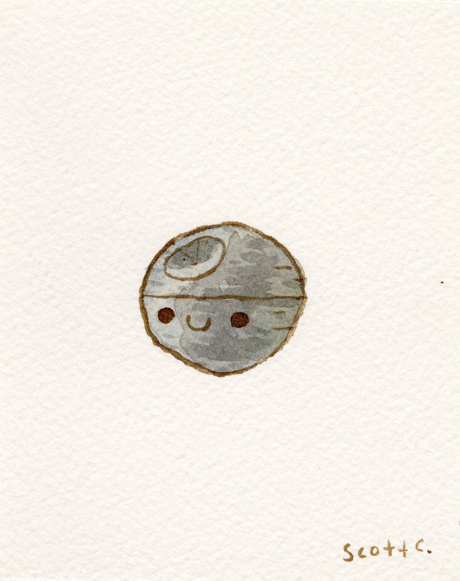 A simple watercolor on paper illustration of the Death Star from Star Wars with a happy smiling face, signed by Scott C. in the bottom right corner. Brand: Scott C.