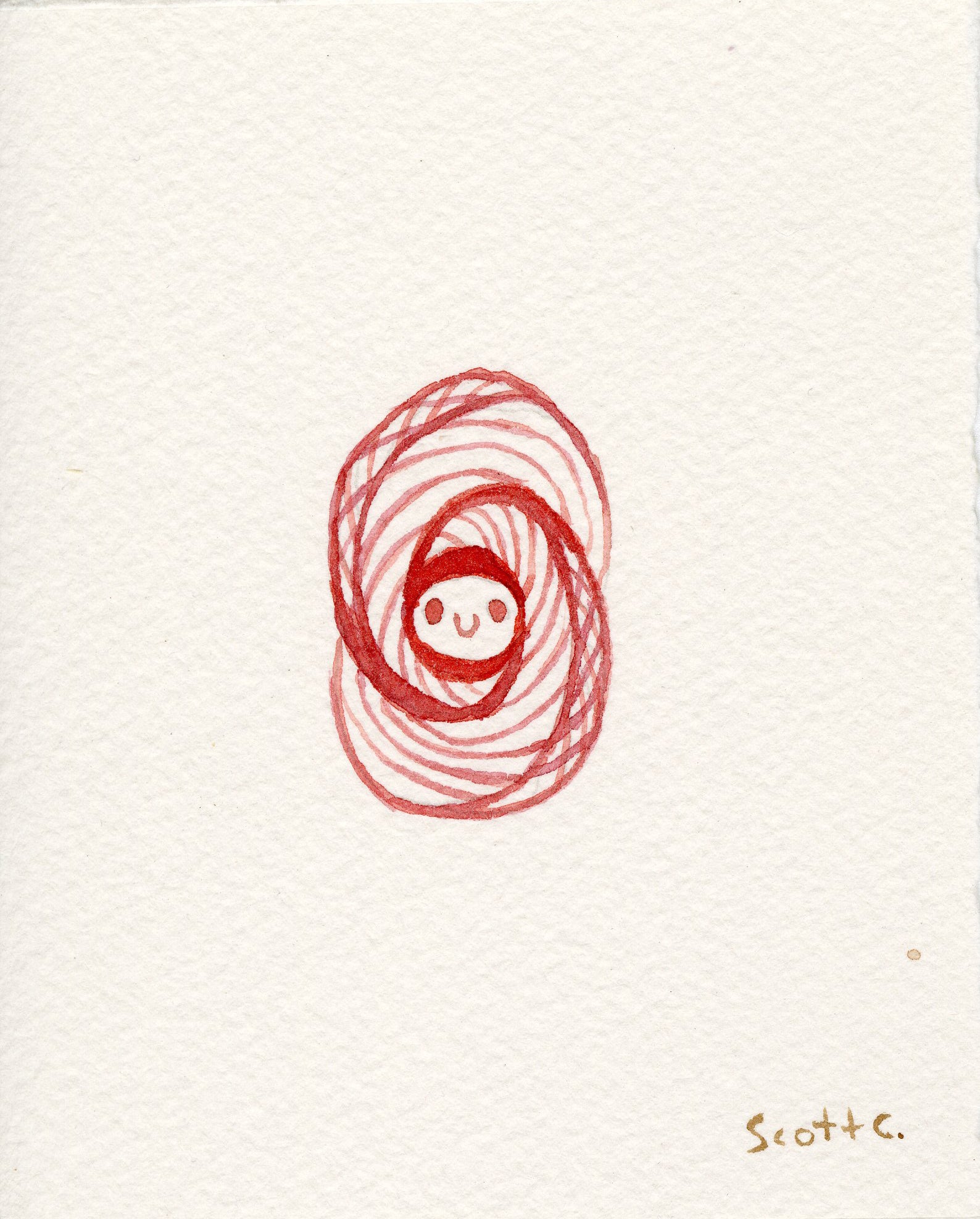 A small, smiling face is surrounded by overlapping red spiral lines in a vertigo-inspired abstract oval on a textured off-white background. The brand name, Scott C., appears in gold at the bottom right corner.