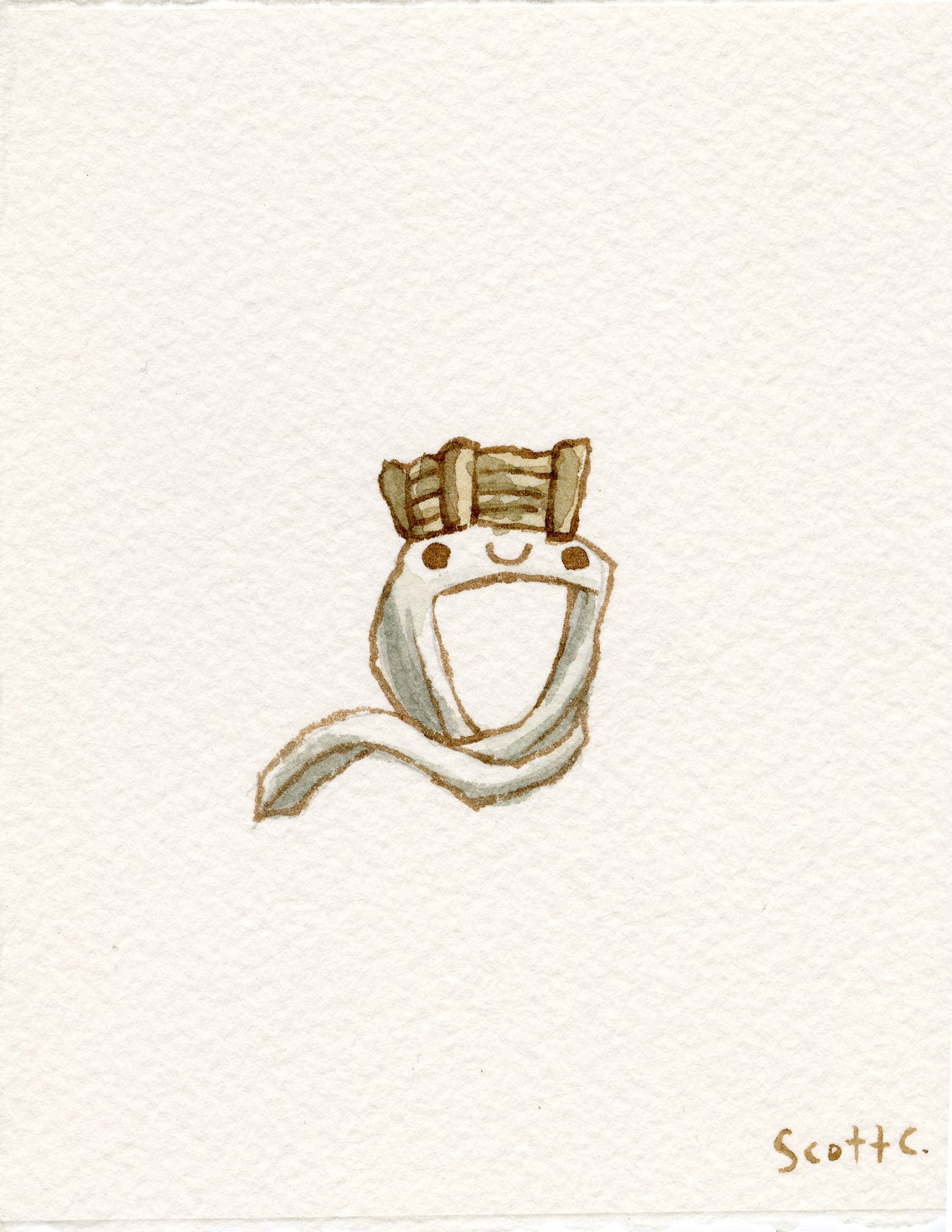 A charming watercolor by Scott C. depicts a smiling, crowned toilet paper roll reminiscent of Lawrence of Arabia on a white background, with the artist’s signature “Scott C.” in the lower right corner. Brand: Scott C.