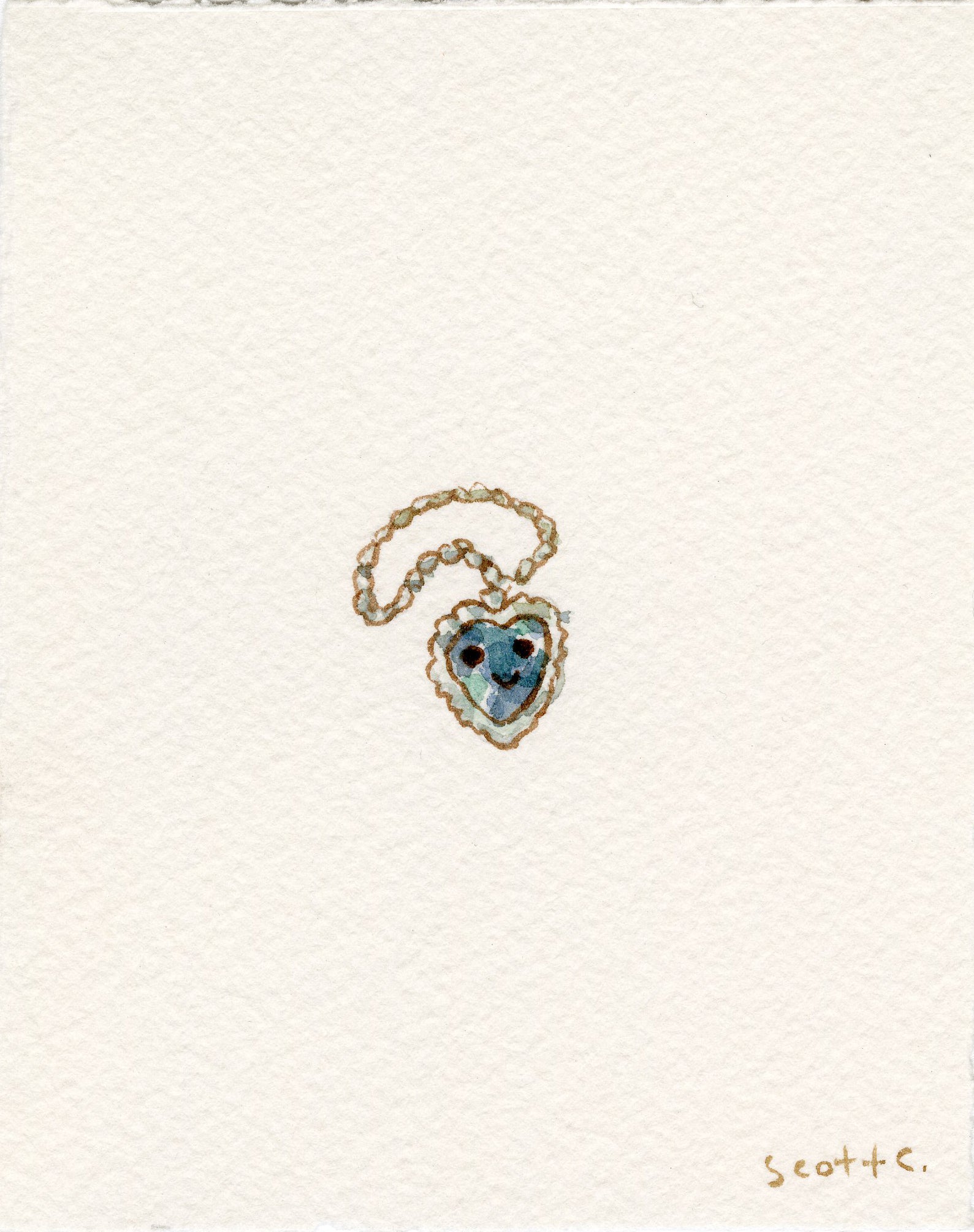 A small, hand-painted heart-shaped locket with a gold chain, blue center, and keyhole is centered on textured white paper. Inspired by Titanic, this Scott C. watercolor features his signature in the bottom right corner.