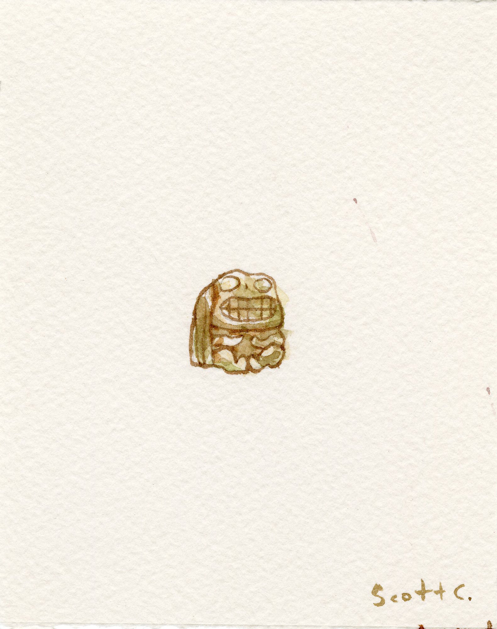 A whimsical small watercolor on paper shows a smiling stone frog with exaggerated features, centered on an off-white background. The artwork is by Scott C., with his brand name handwritten in the lower right corner.