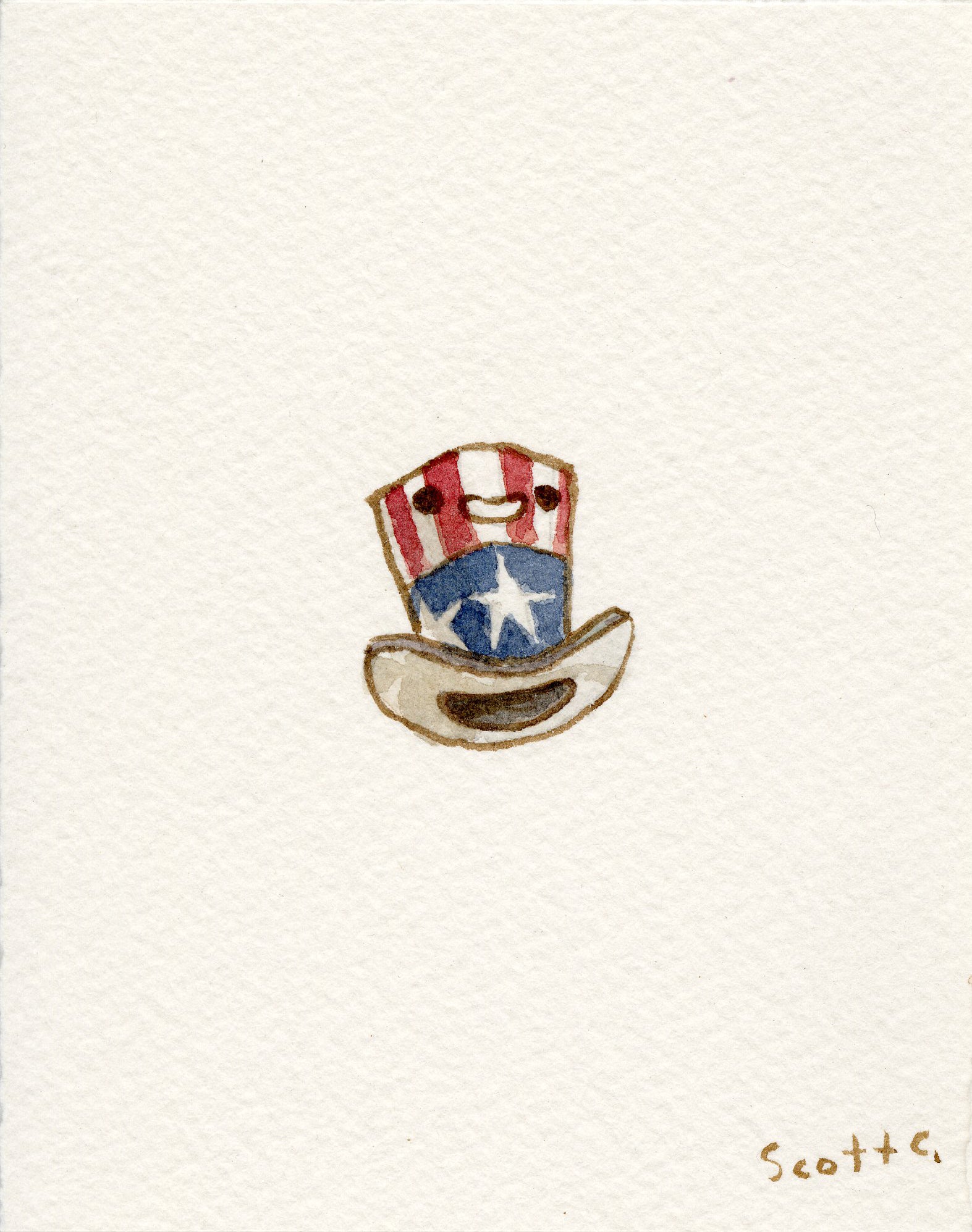 A small Scott C. watercolor painting features a red and white striped hat with a blue band and white star, plus a beige brim, centered on white. The artist’s signature appears in the bottom right corner.