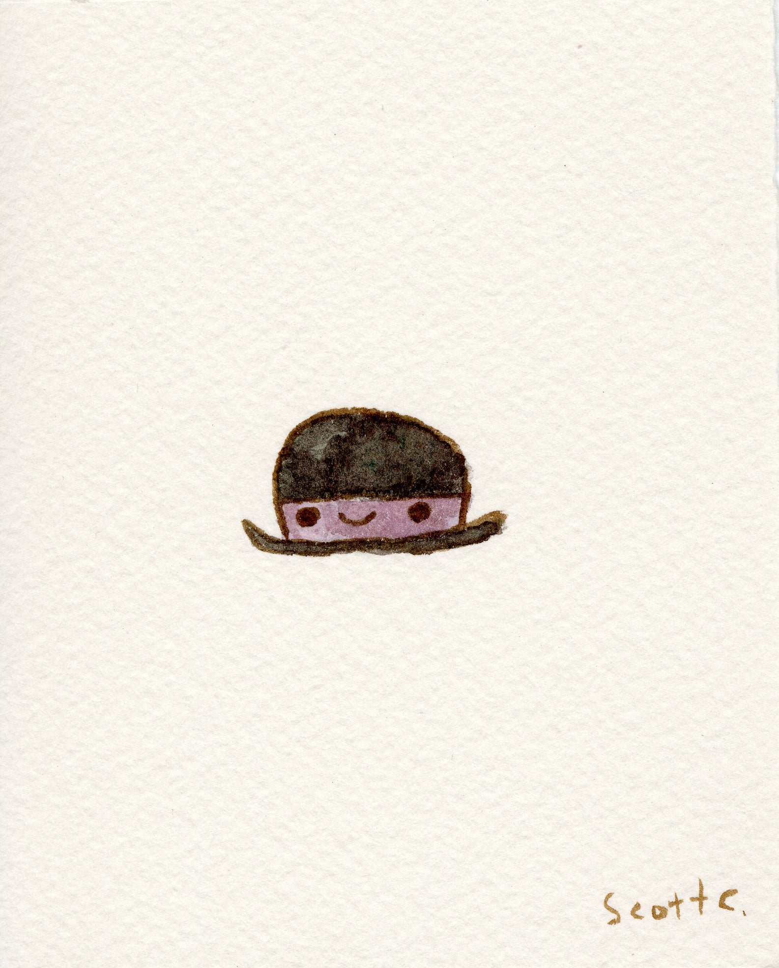 A cute, simple drawing in the Scott C. art style features a smiling face with a black bowler hat and pink band on a white background. The Scott C. brand name is signed in the lower right corner.