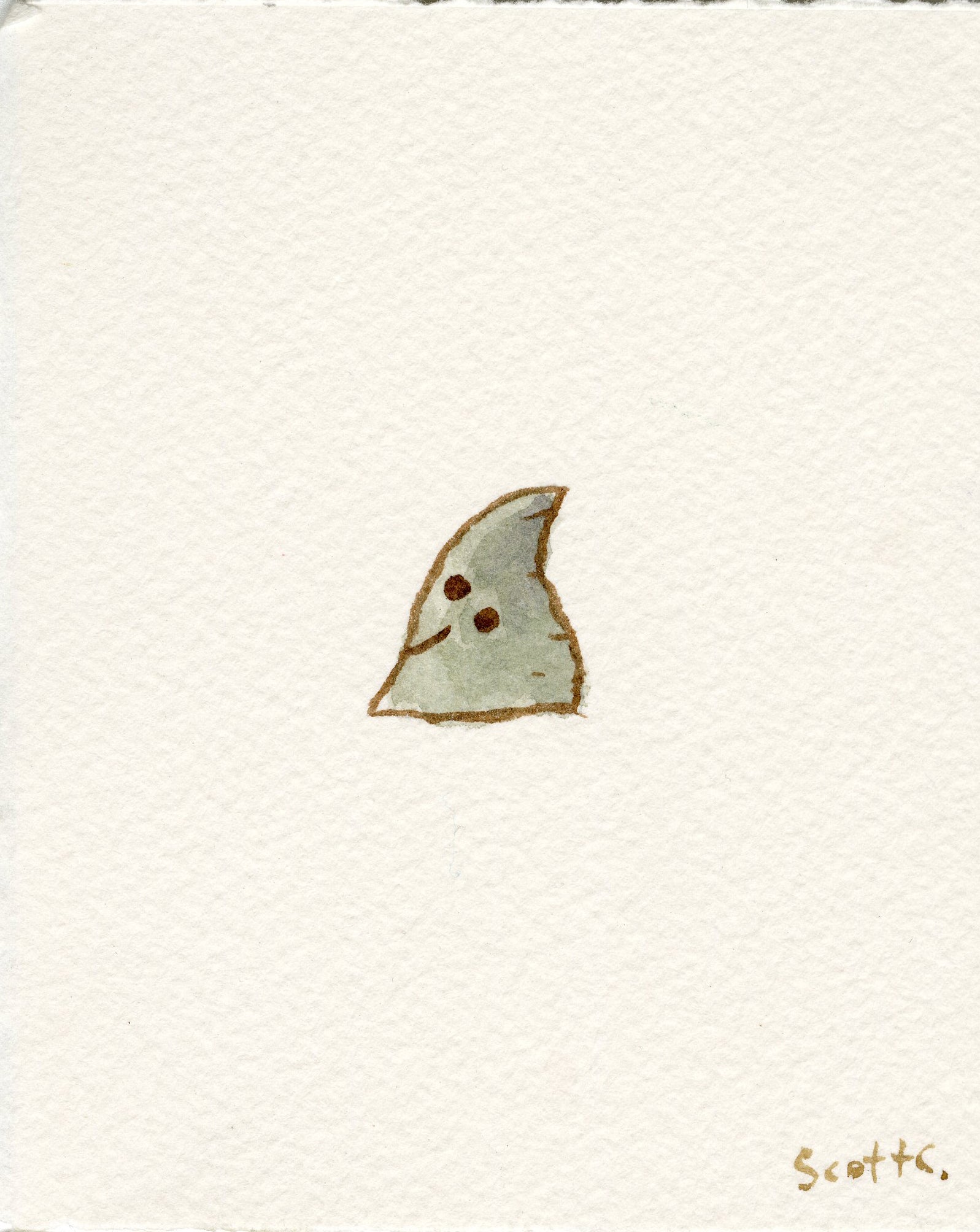 A small watercolor painting by Scott C. depicts a smiling tortilla chip with two brown dots and a curved line on textured white paper, with the artist’s signature in the bottom right corner.