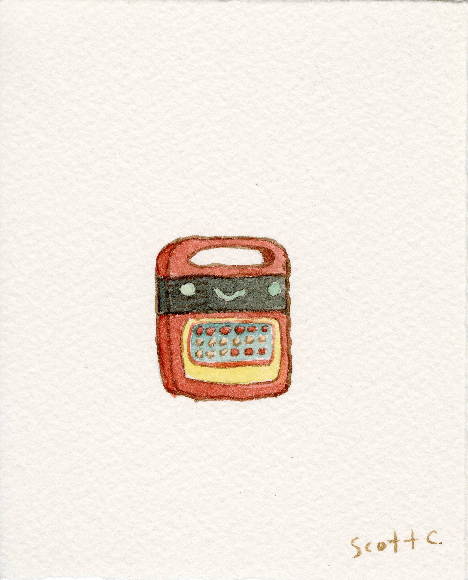 A small, hand-painted watercolor by Scott C. features a red and orange calculator with a smiling face, centered on a plain white background. The artists signature appears in the bottom right corner.