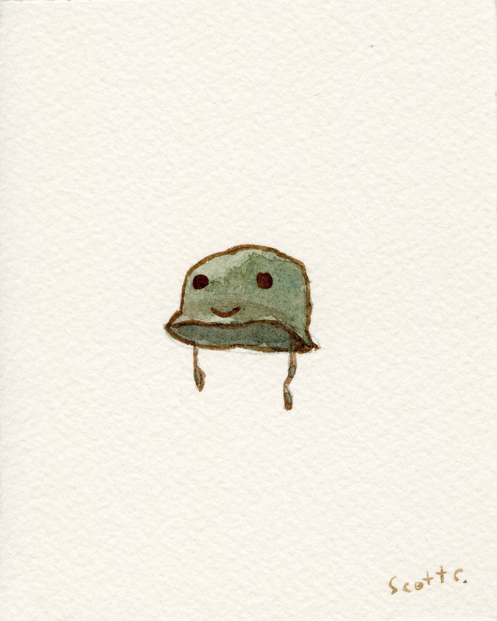 A simple watercolor on paper by Scott C. shows a green bucket hat with a smiling face and two hanging strings, centered on a textured white background. The artists signature is in the bottom right corner.