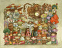 A whimsical Scott C. watercolor features quirky, cartoon-style humans, monsters, and Psychonauts-inspired creatures with exaggerated features, posing for a vibrant group photo—showcasing the unique style of the Scott C. brand.
